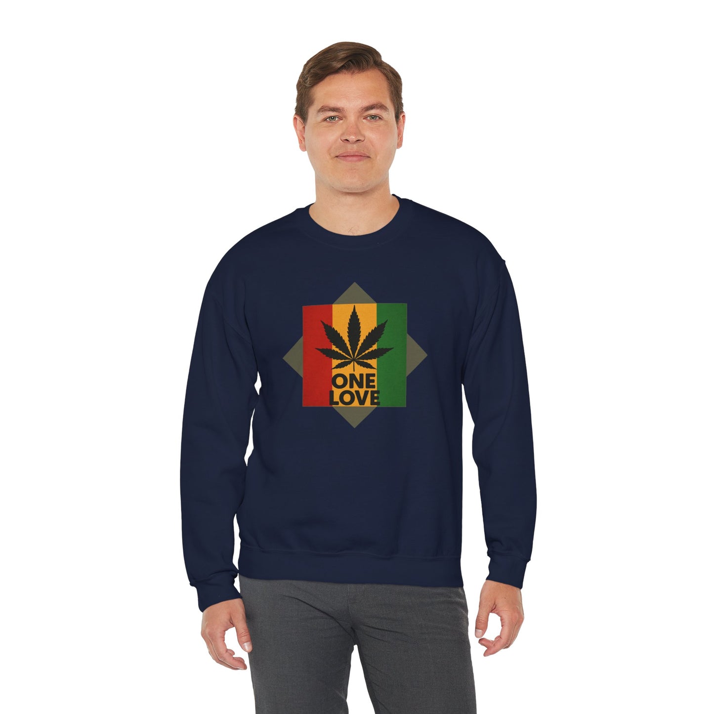 One Love Cannabis Crewneck Sweatshirt | Unisex Pullover | Cozy Streetwear, Gift for Stoners, Rasta Style Sweatshirt, Chill Vibes Apparel