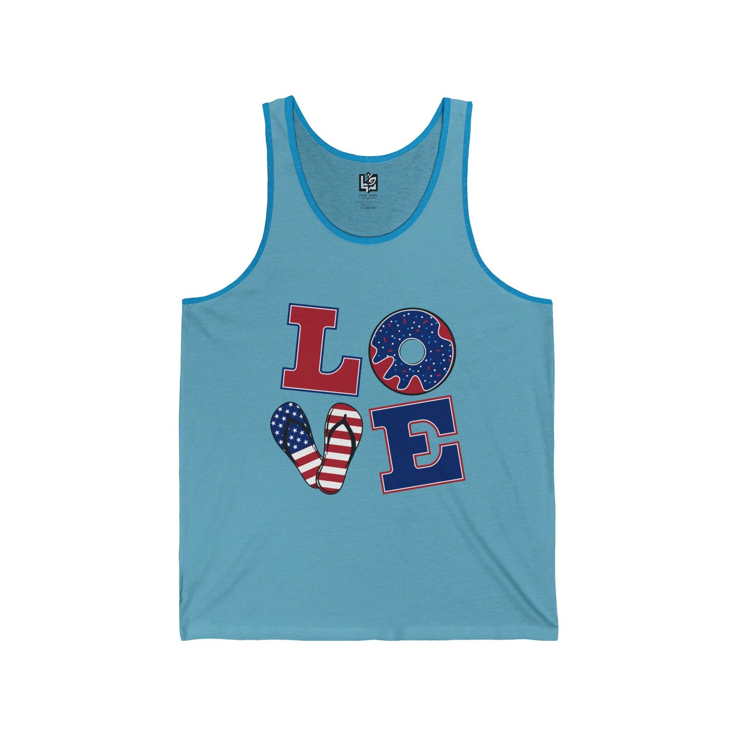 Unisex Jersey Tank - ‘LOVE’ Patriotic Design, Casual Summer Wear, 4th of July, Gifts for Him or Her, Fitness Gear, Festival Attire