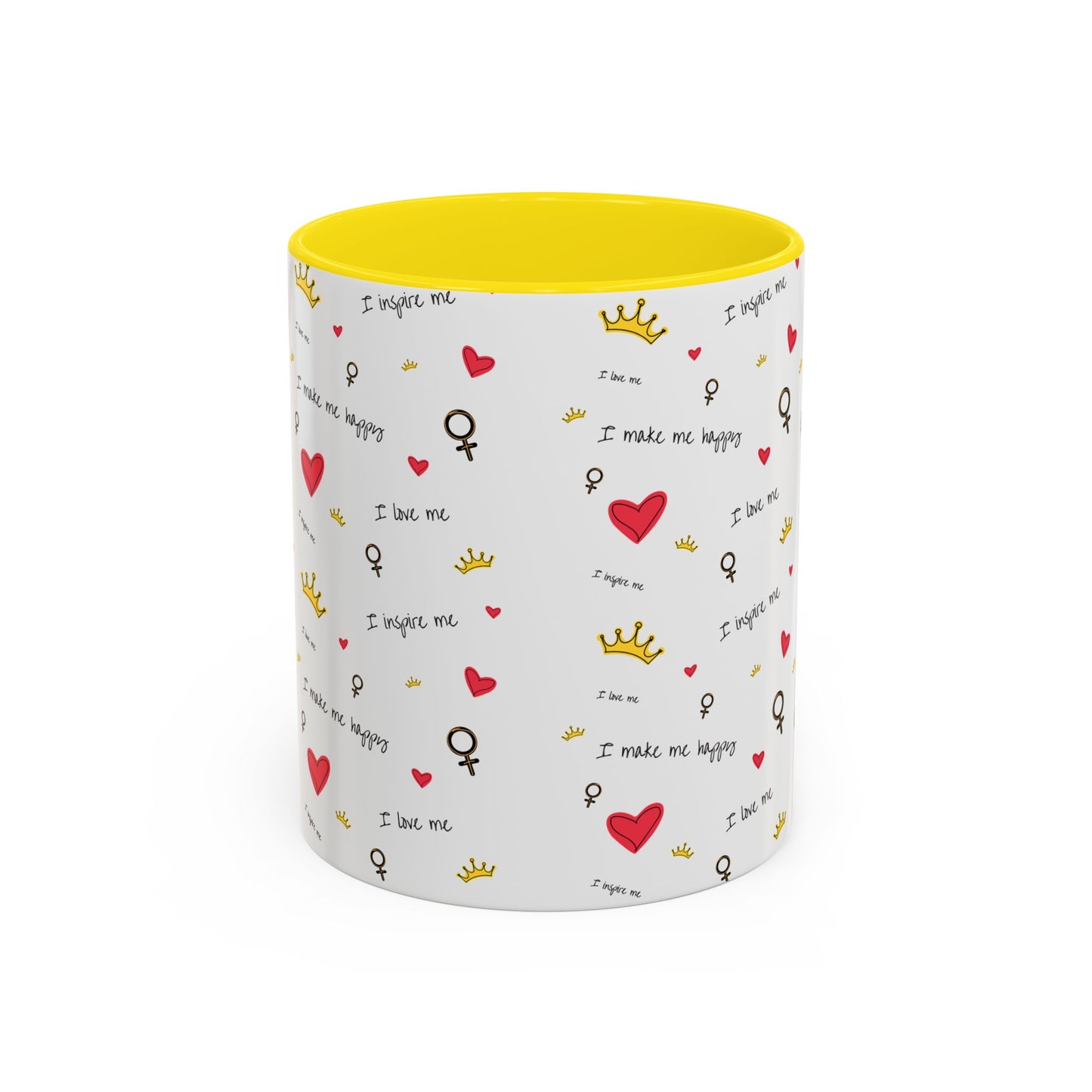 Inspirational Accent Coffee Mug - "I Love Me", Red Hearts and Crowns, Perfect Gift for Self-Care