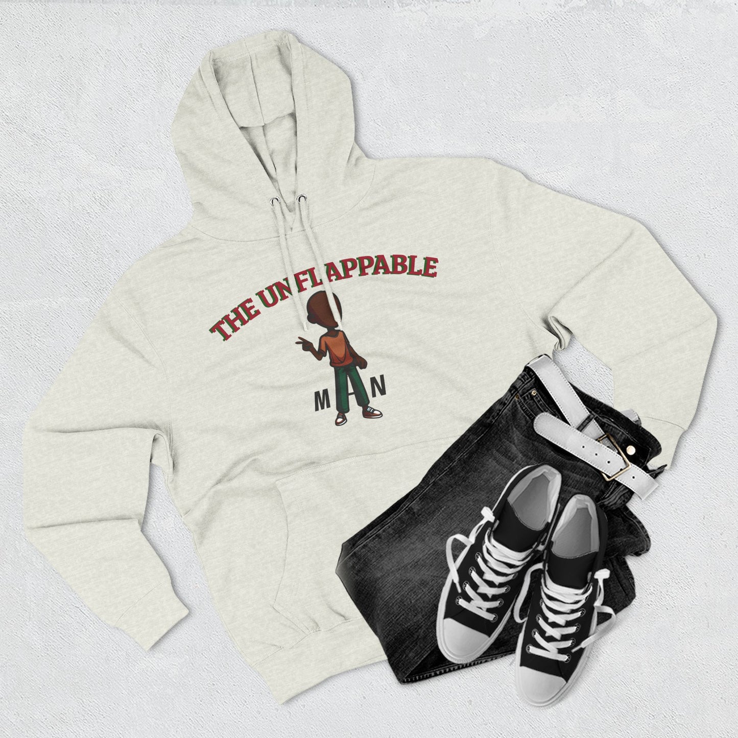 Unflappable Man Hoodie — Graphic Fleece Pullover with Cartoon Character