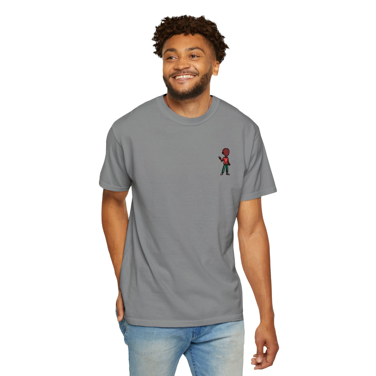 T-Shirt — Tiny Red-Haired Skateboarder Chest Graphic, Minimal Streetwear Tee