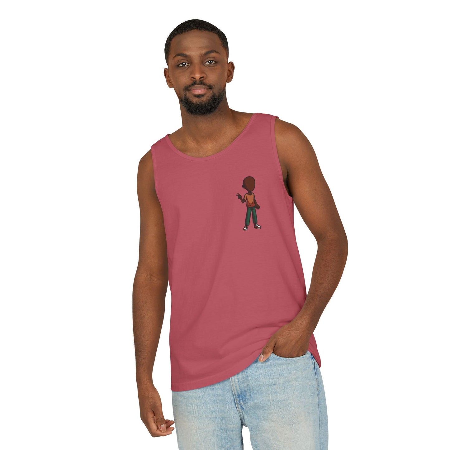 Minimalist Coffee Lover Tank — Small Cartoon Person Holding Mug Graphic Tank Top