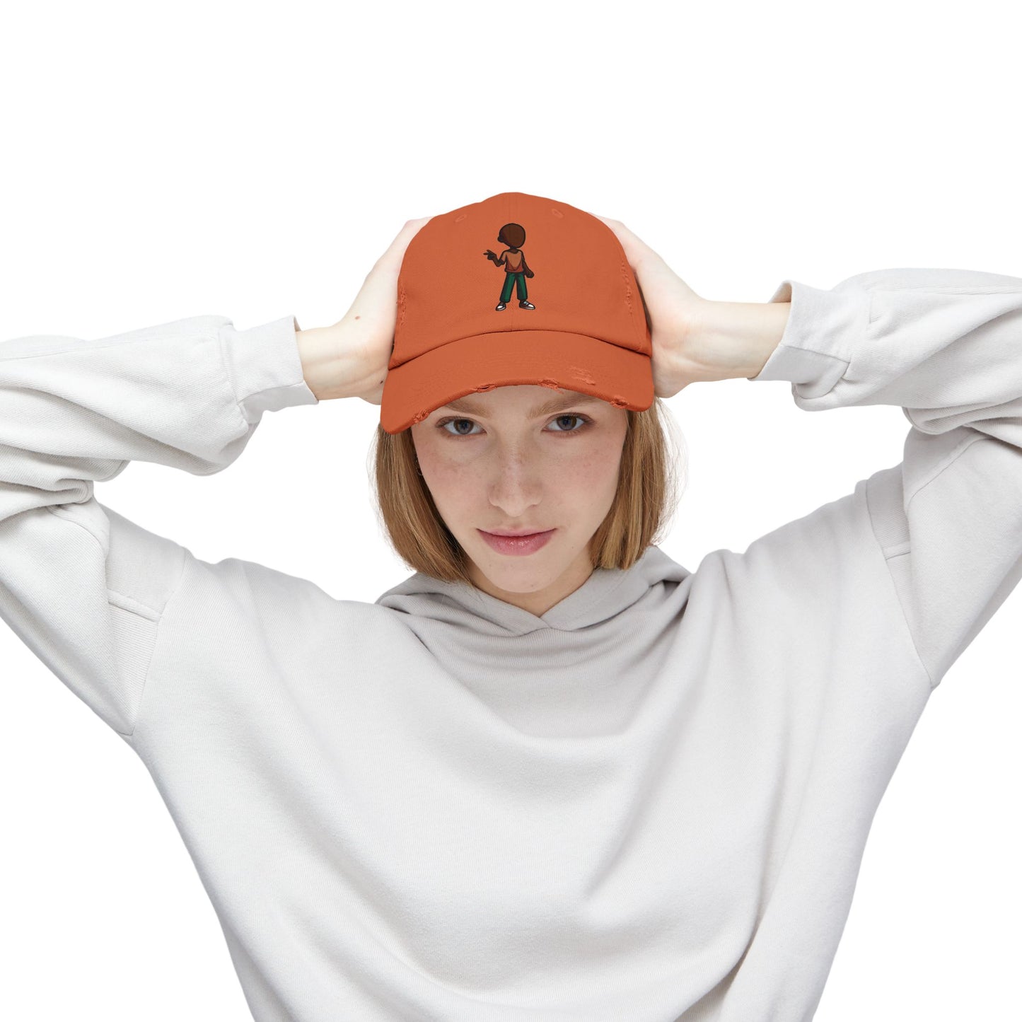 Distressed Black Dad Hat with Retro Boy Graphic — Casual Streetwear Cap