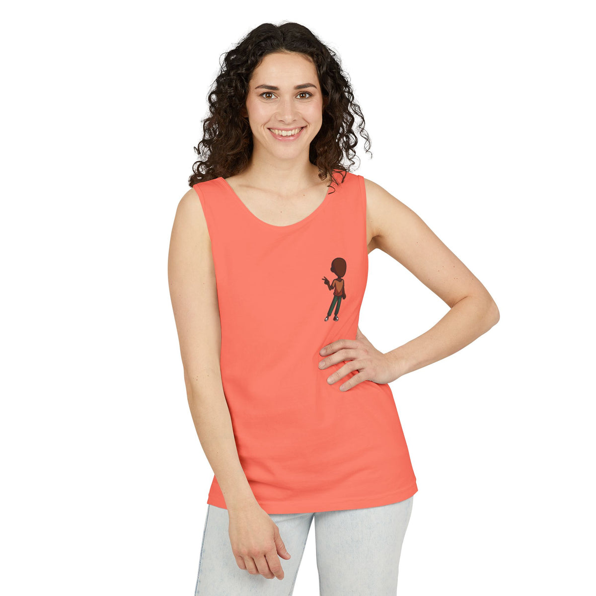 Minimalist Coffee Lover Tank — Small Cartoon Person Holding Mug Graphic Tank Top