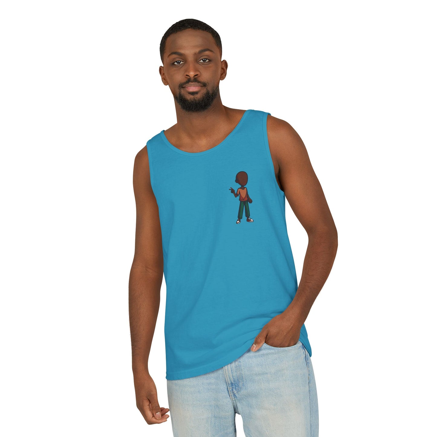 Minimalist Coffee Lover Tank — Small Cartoon Person Holding Mug Graphic Tank Top