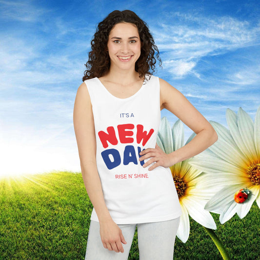 Cheerful Unisex Tank Top - "It's a New Day" - Perfect for Summer Days, Casual Wear, Workout, Gifts, and Celebrations