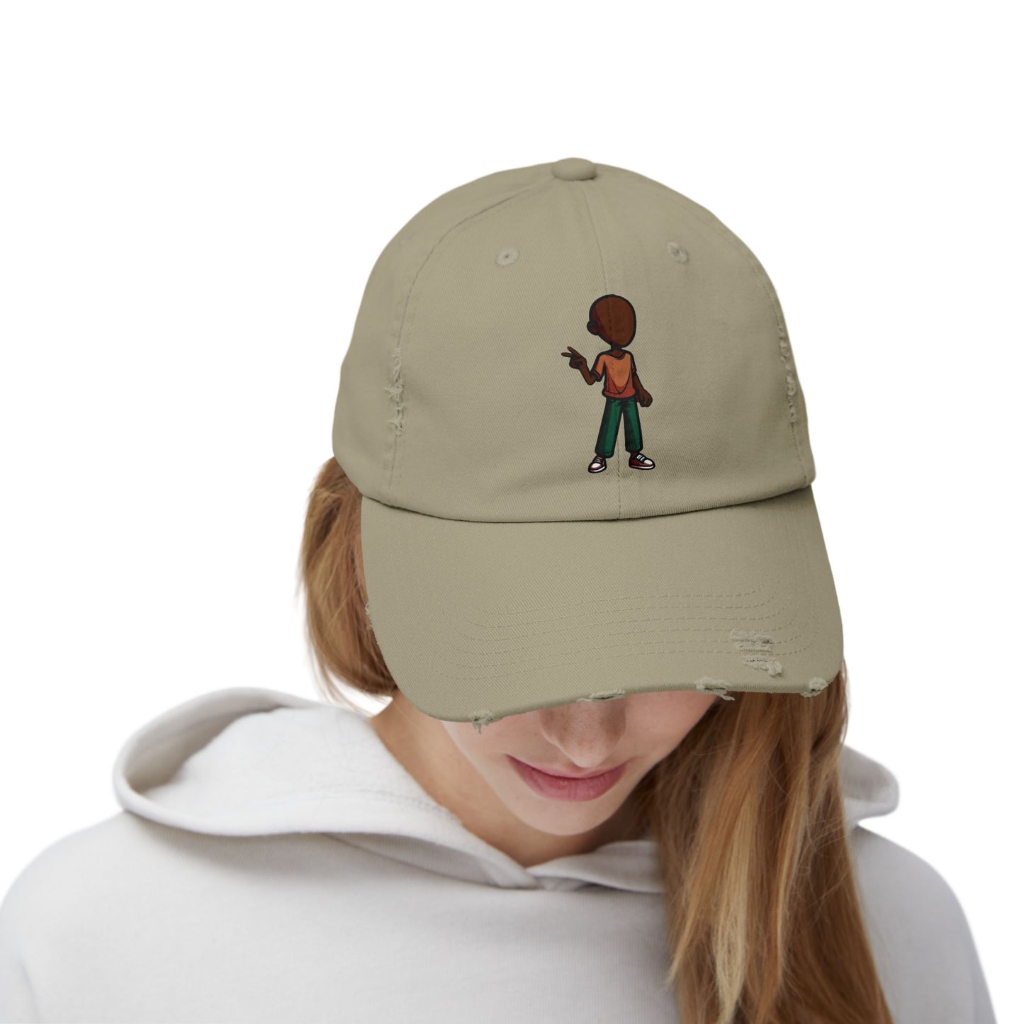 Distressed Black Dad Hat with Retro Boy Graphic — Casual Streetwear Cap