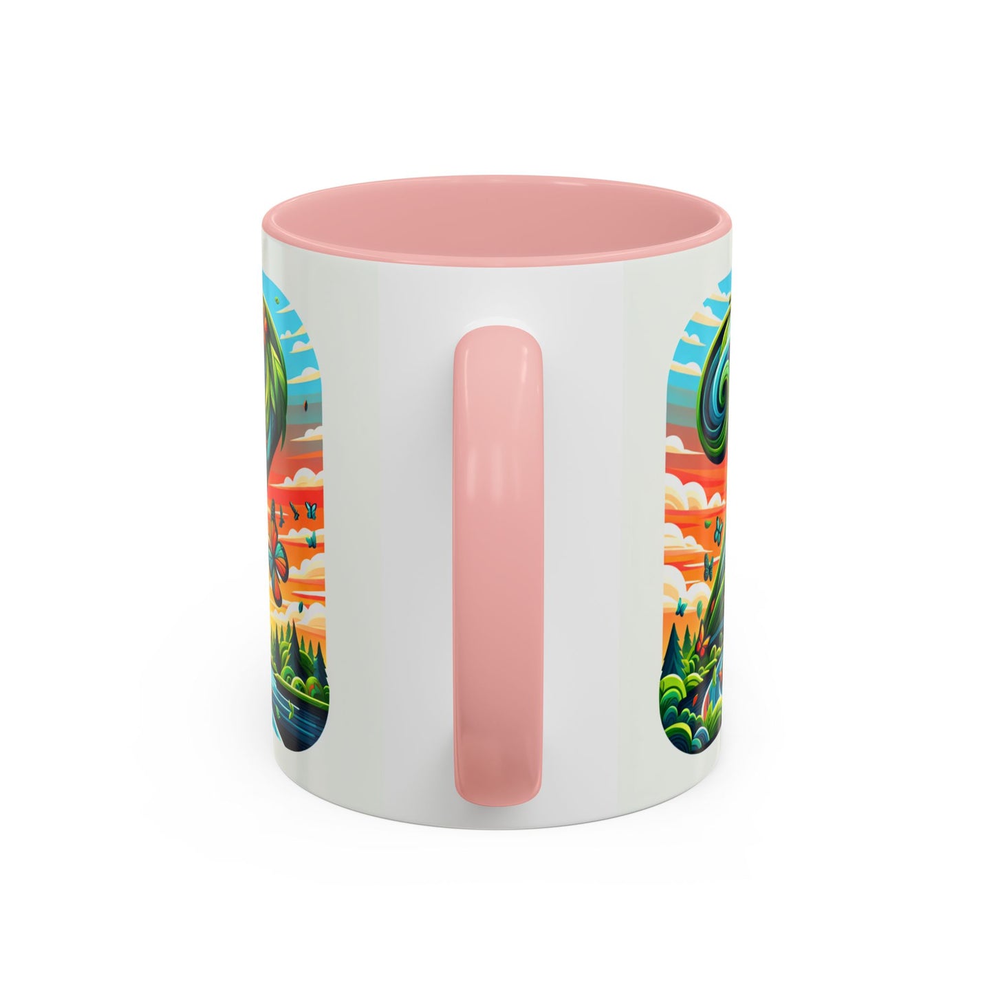 Nature-Inspired Accent Coffee Mug - Vibrant Green Design with Butterflies and Scenic View