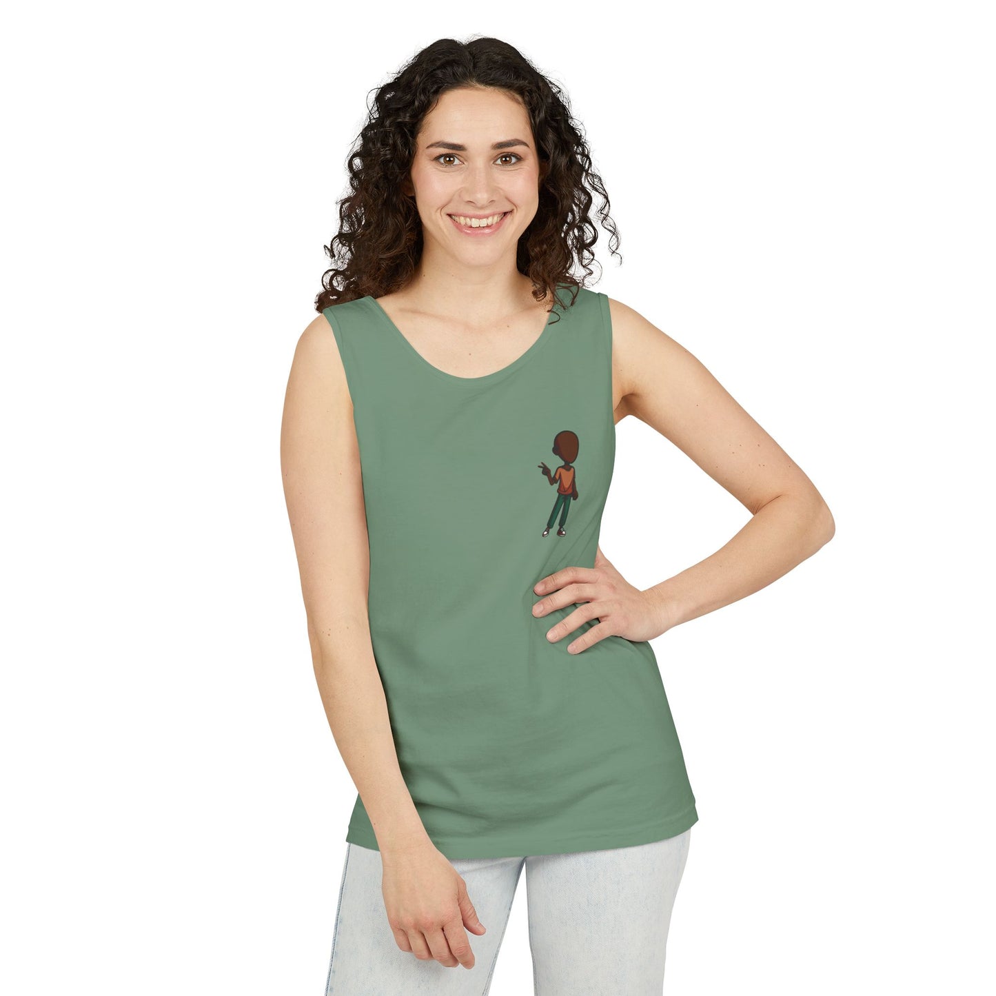 Minimalist Coffee Lover Tank — Small Cartoon Person Holding Mug Graphic Tank Top