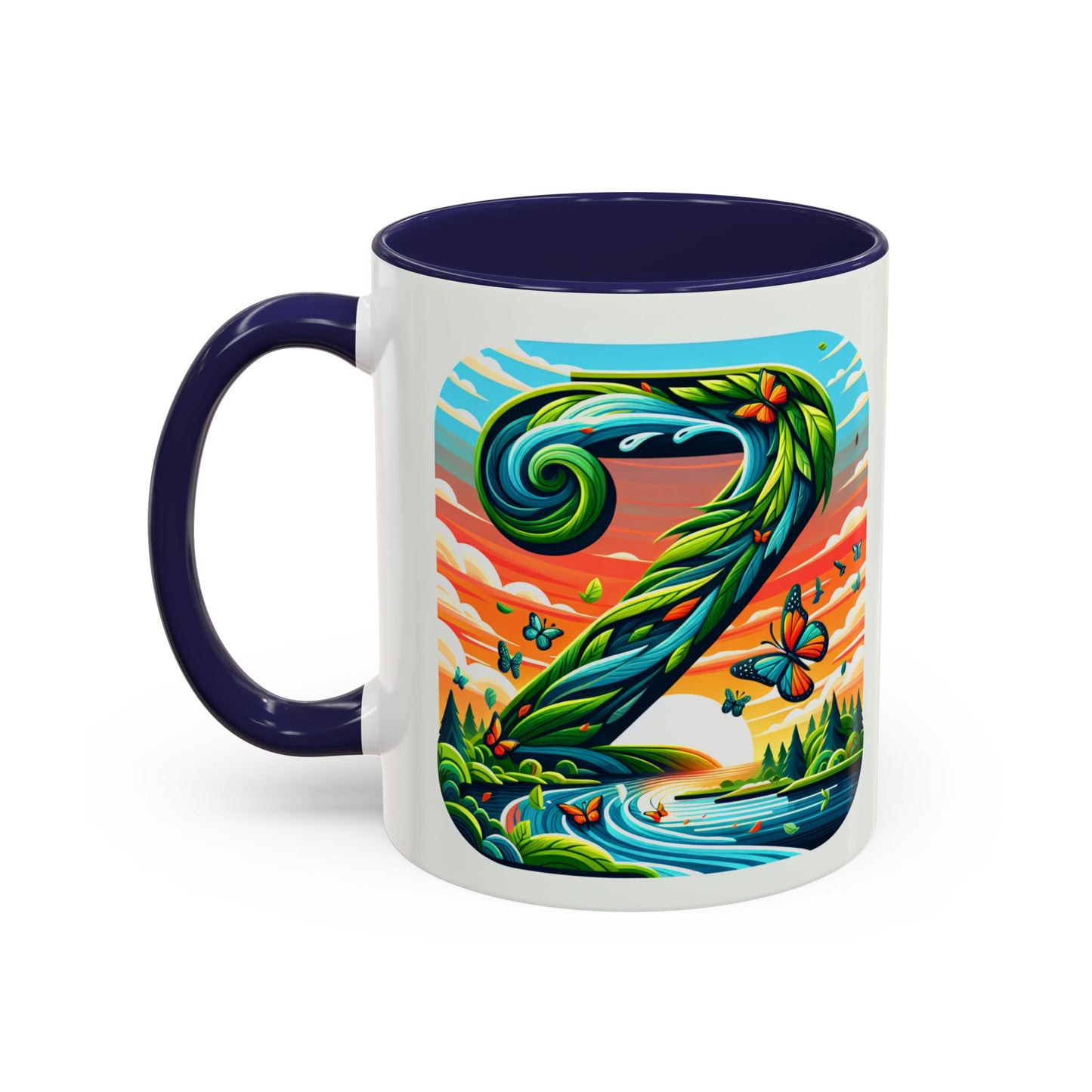 Nature-Inspired Accent Coffee Mug - Vibrant Green Design with Butterflies and Scenic View