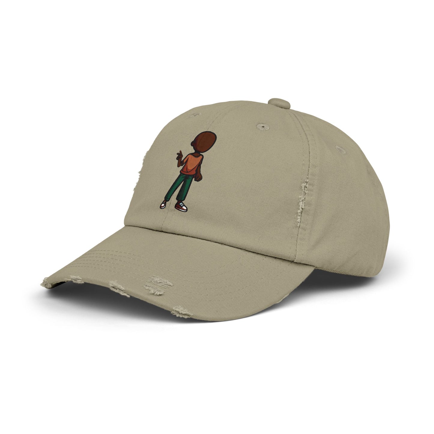 Distressed Black Dad Hat with Retro Boy Graphic — Casual Streetwear Cap