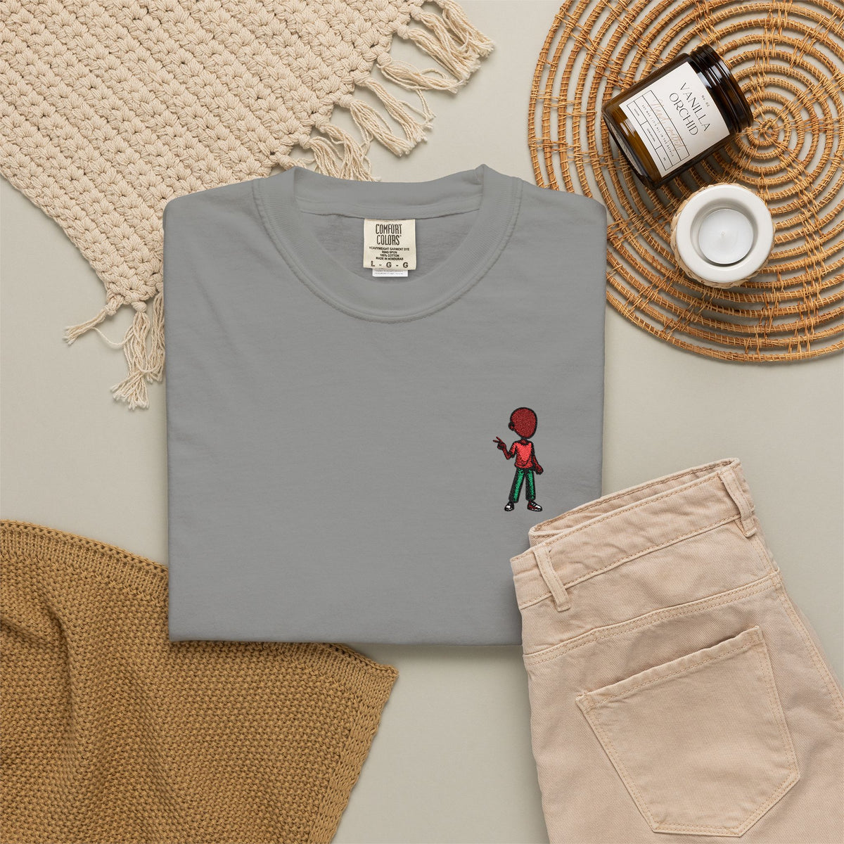 T-Shirt — Tiny Red-Haired Skateboarder Chest Graphic, Minimal Streetwear Tee