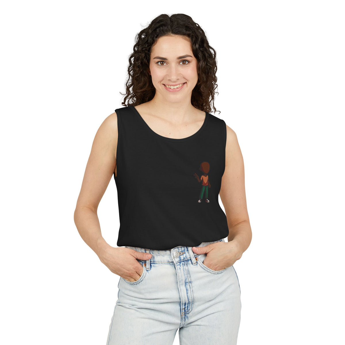 Minimalist Coffee Lover Tank — Small Cartoon Person Holding Mug Graphic Tank Top