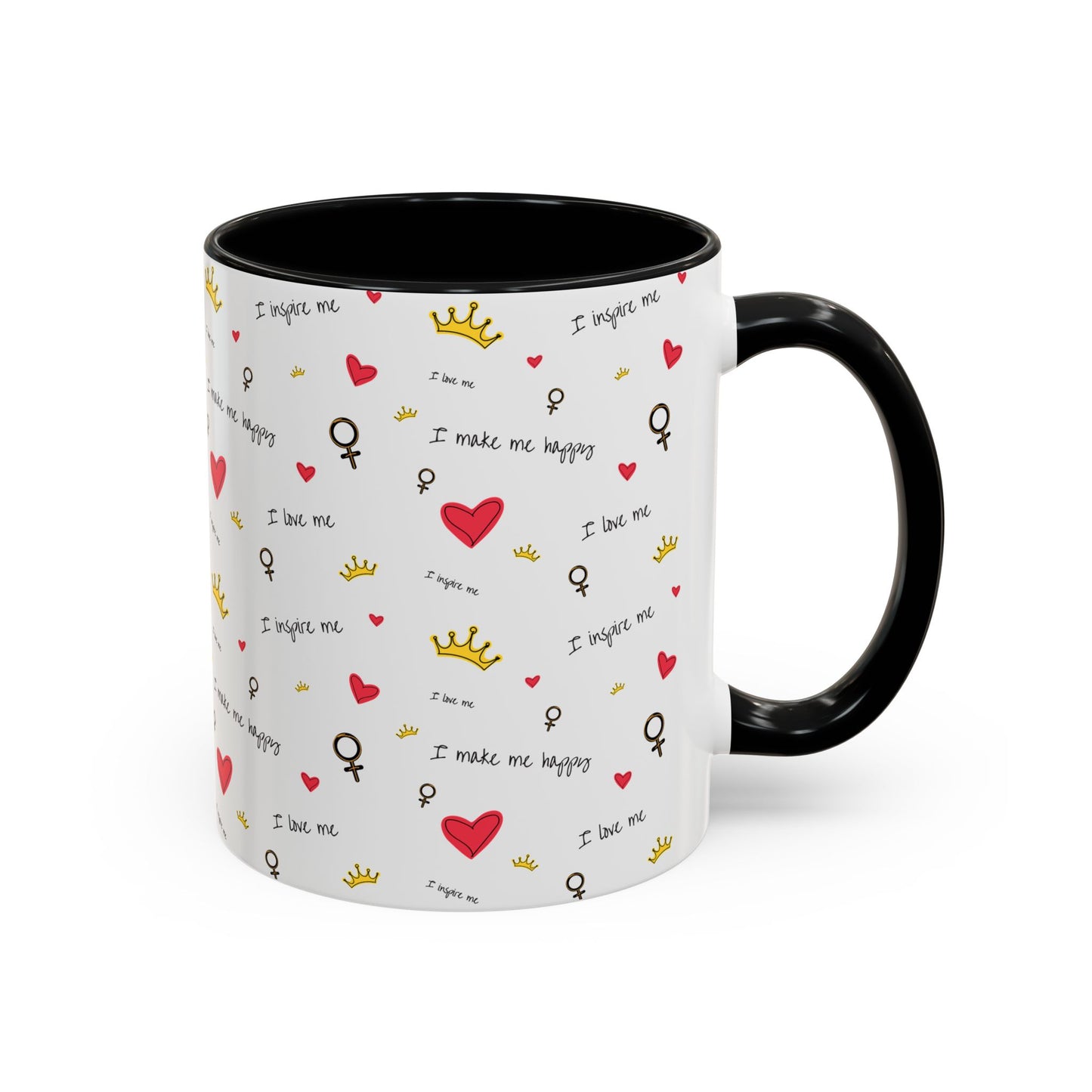 Inspirational Accent Coffee Mug - "I Love Me", Red Hearts and Crowns, Perfect Gift for Self-Care