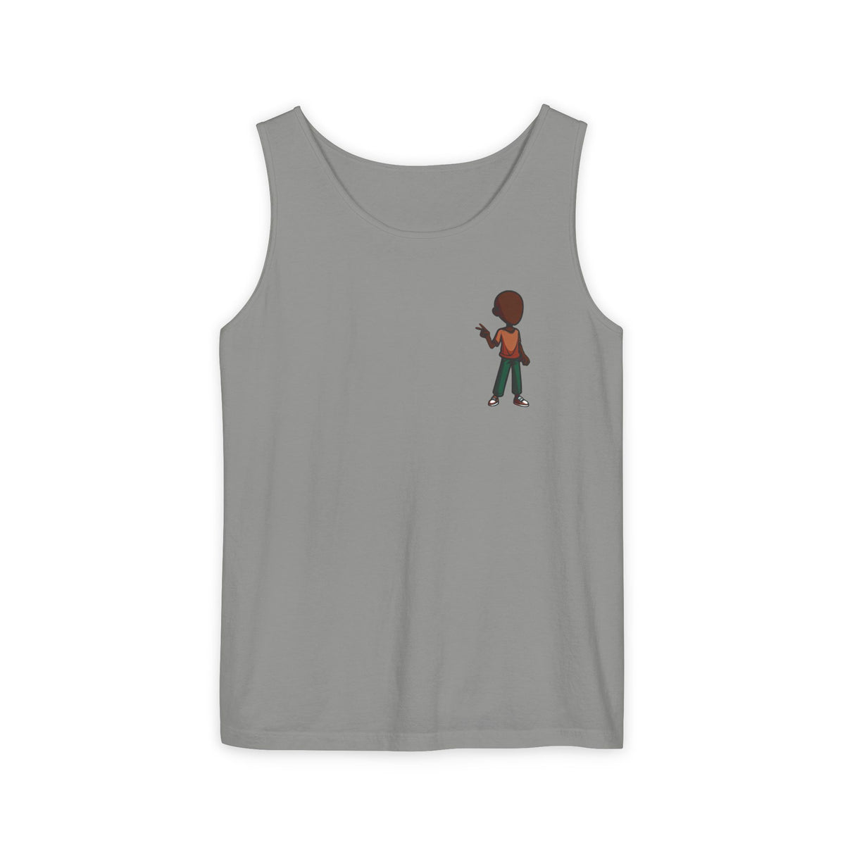 Minimalist Coffee Lover Tank — Small Cartoon Person Holding Mug Graphic Tank Top