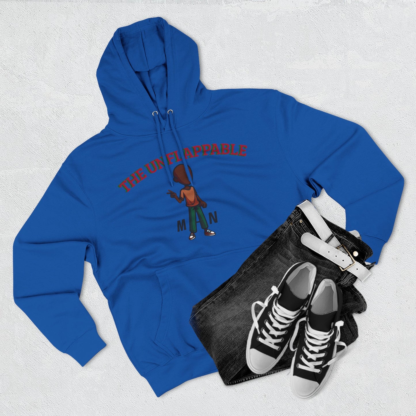 Unflappable Man Hoodie — Graphic Fleece Pullover with Cartoon Character