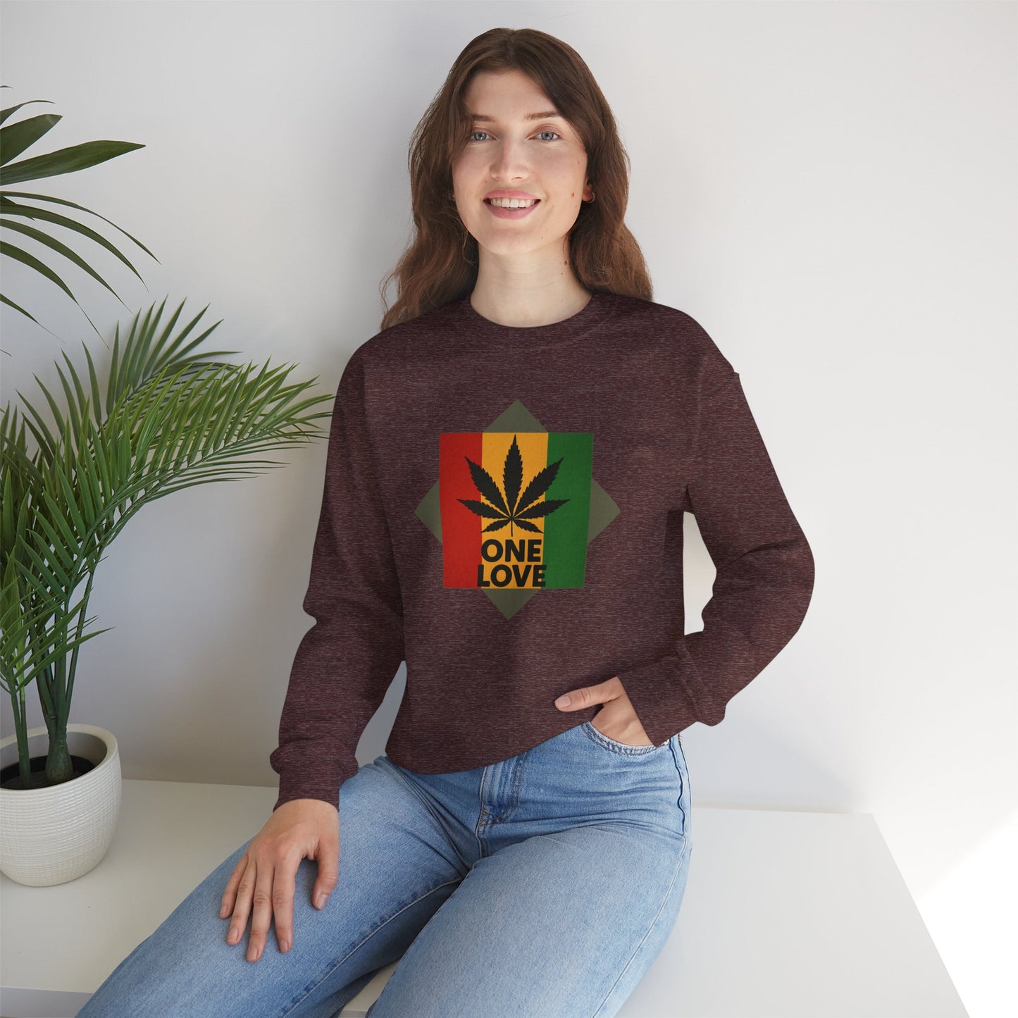 One Love Cannabis Crewneck Sweatshirt | Unisex Pullover | Cozy Streetwear, Gift for Stoners, Rasta Style Sweatshirt, Chill Vibes Apparel
