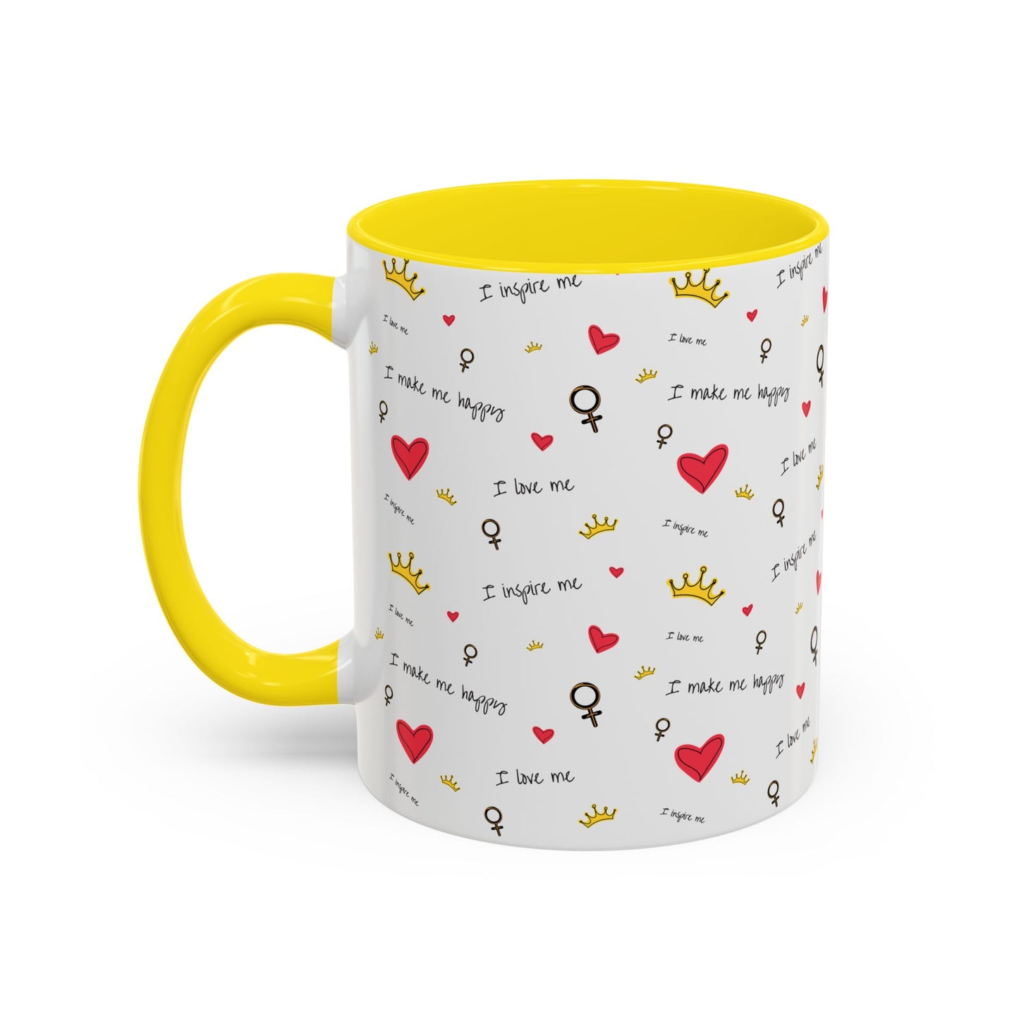 Inspirational Accent Coffee Mug - "I Love Me", Red Hearts and Crowns, Perfect Gift for Self-Care