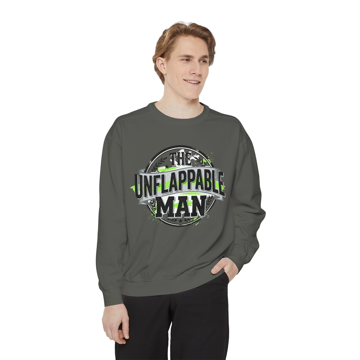 The Unflappable Man Sweatshirt — Retro Badge Graphic Crewneck