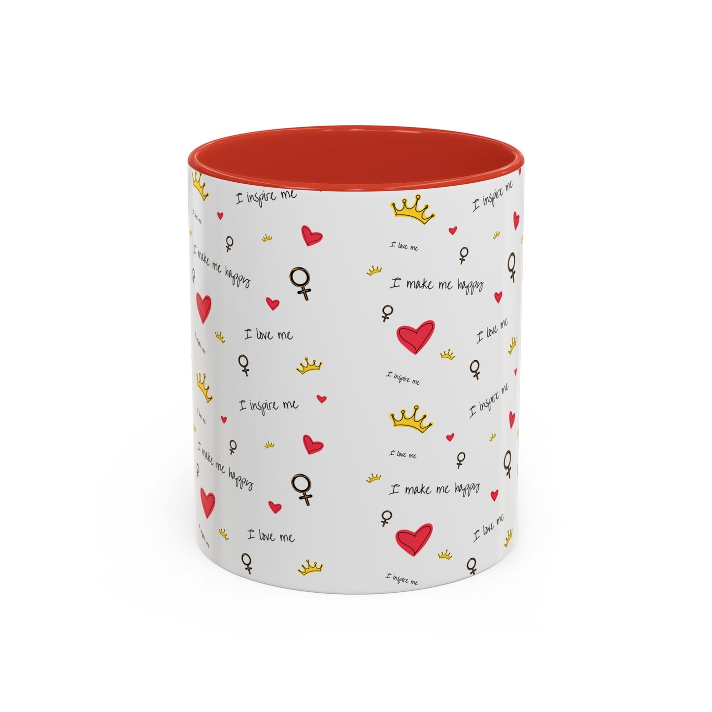 Inspirational Accent Coffee Mug - "I Love Me", Red Hearts and Crowns, Perfect Gift for Self-Care
