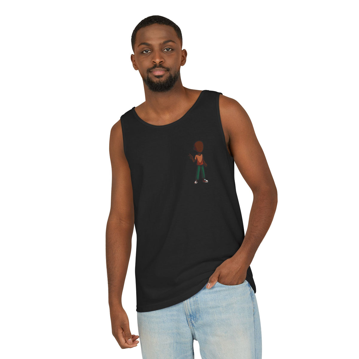 Minimalist Coffee Lover Tank — Small Cartoon Person Holding Mug Graphic Tank Top