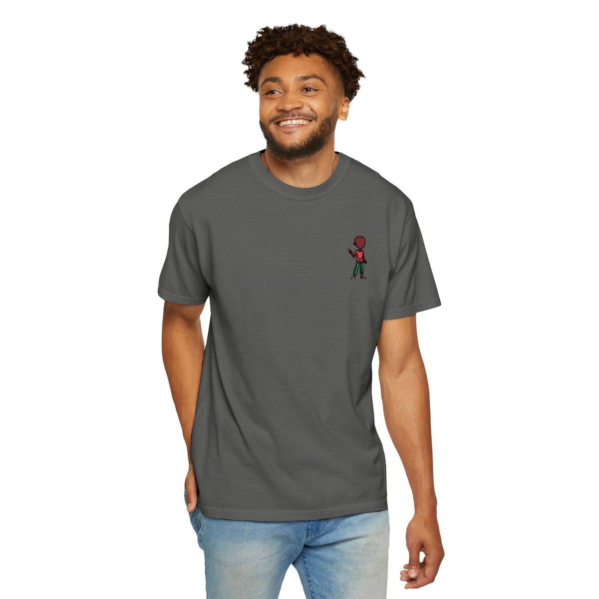 T-Shirt — Tiny Red-Haired Skateboarder Chest Graphic, Minimal Streetwear Tee