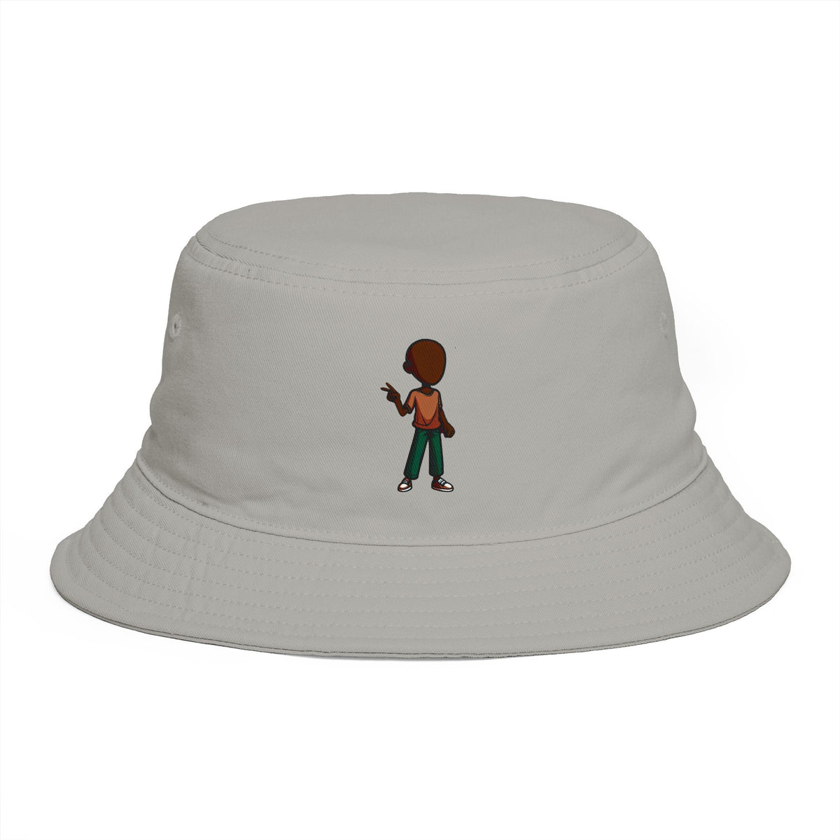 Brown Streetwear Bucket Hat with Small Kid Cartoon Graphic