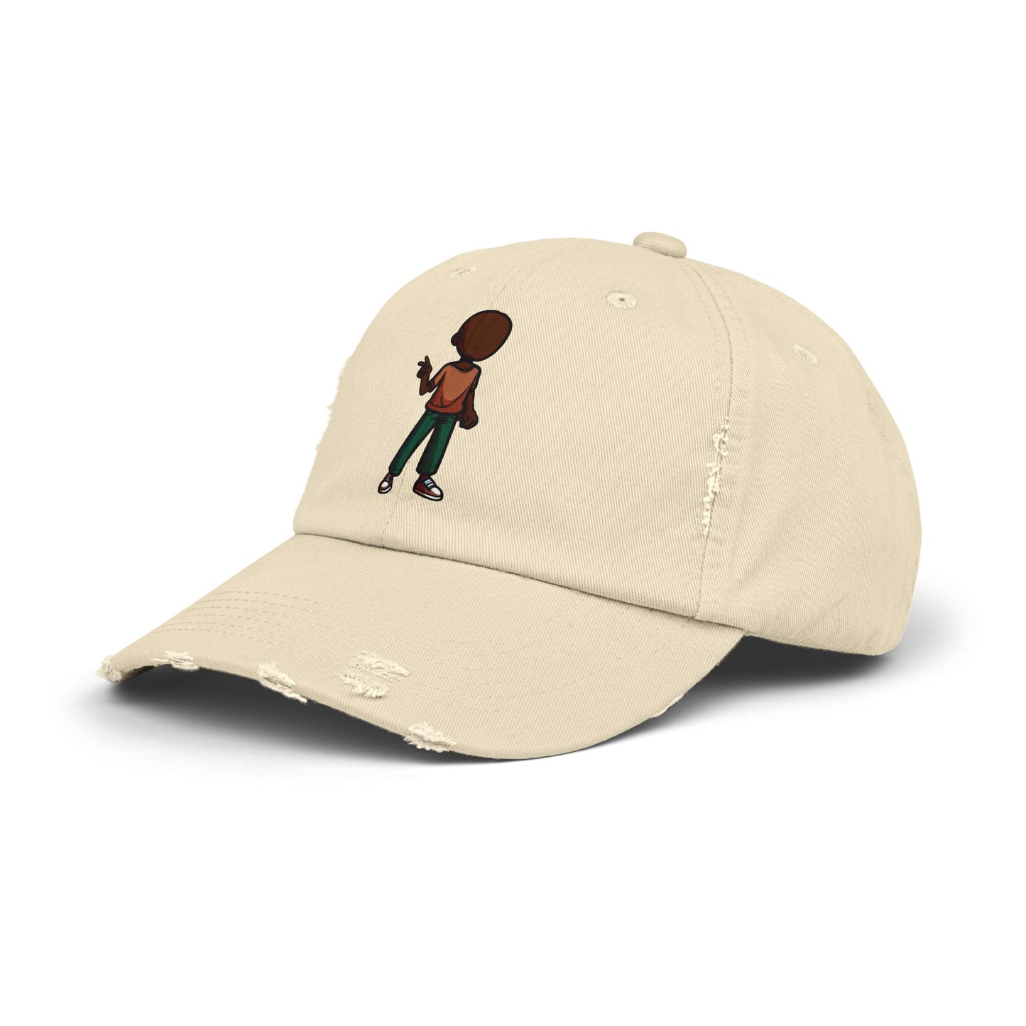 Distressed Black Dad Hat with Retro Boy Graphic — Casual Streetwear Cap
