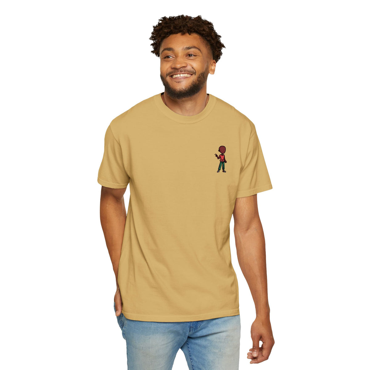 T-Shirt — Tiny Red-Haired Skateboarder Chest Graphic, Minimal Streetwear Tee