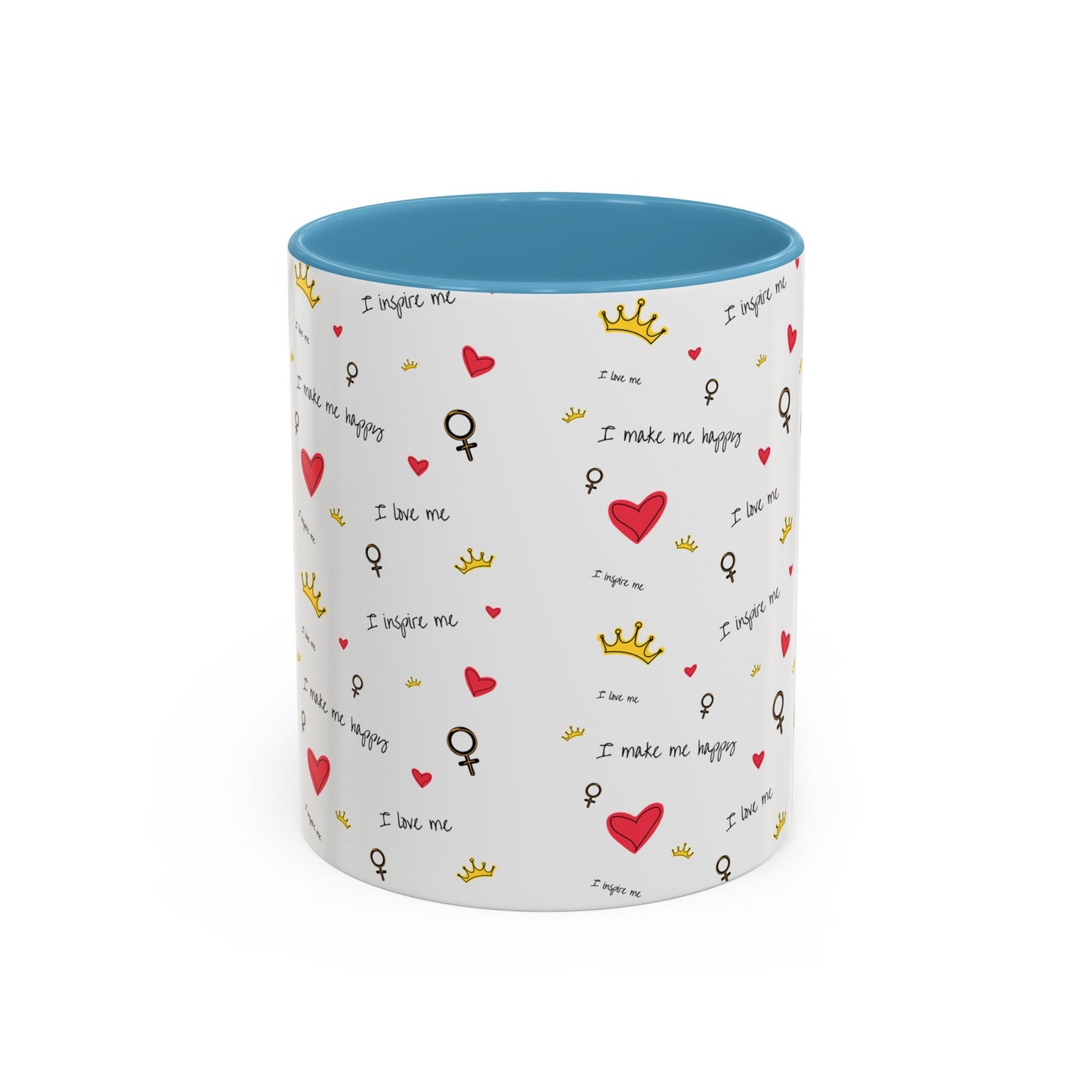 Inspirational Accent Coffee Mug - "I Love Me", Red Hearts and Crowns, Perfect Gift for Self-Care