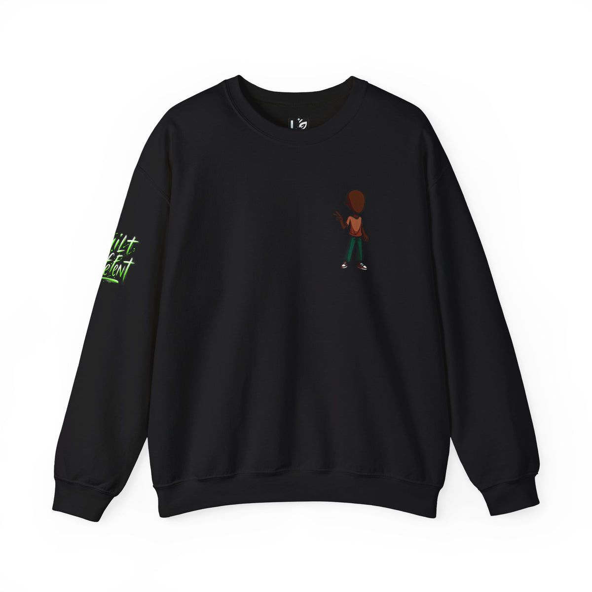 Crewneck Sweatshirt with Cartoon Guitarist & 'Rock On' Sleeve Graphic