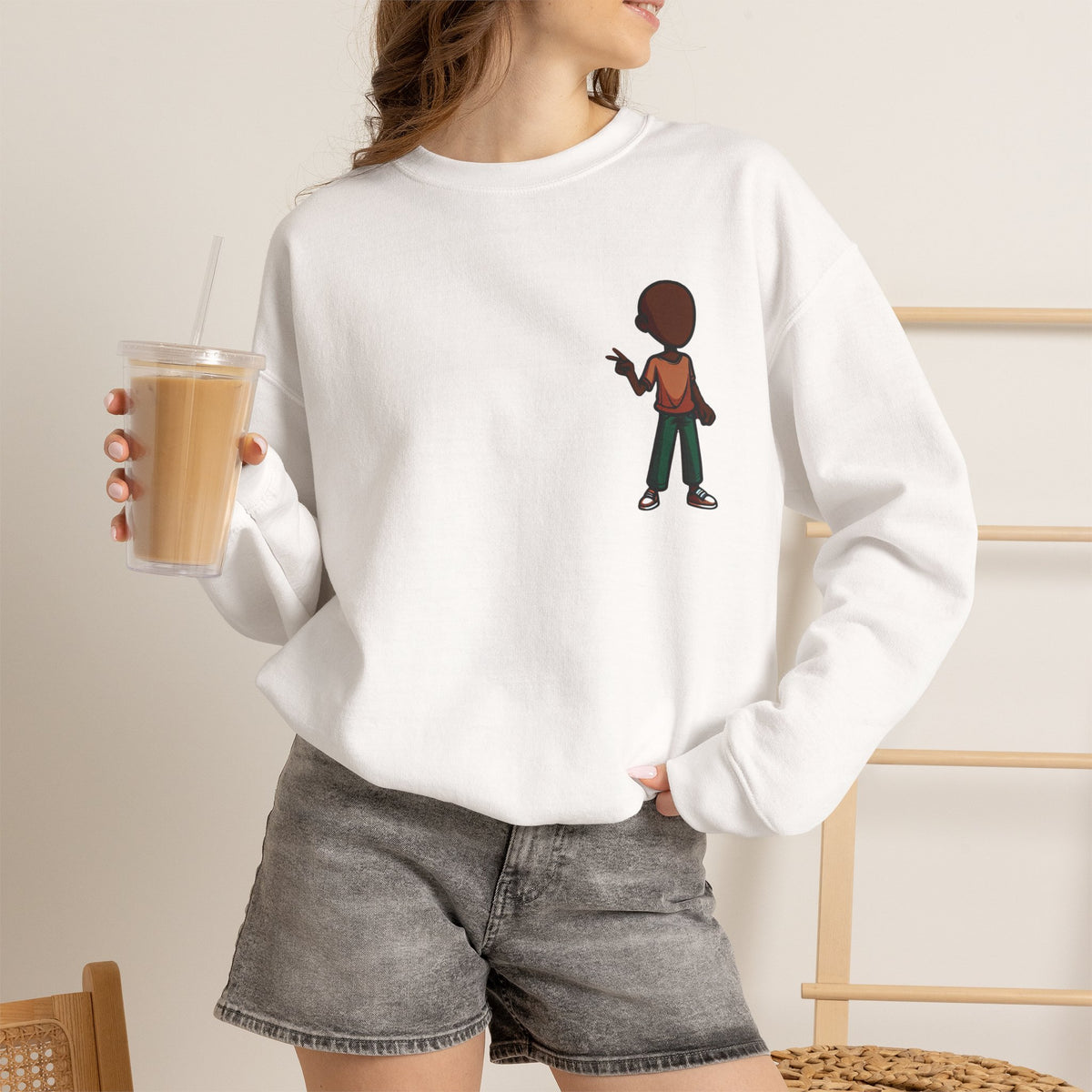 Crewneck Sweatshirt — Minimal Walking Kid Cartoon Chest Print