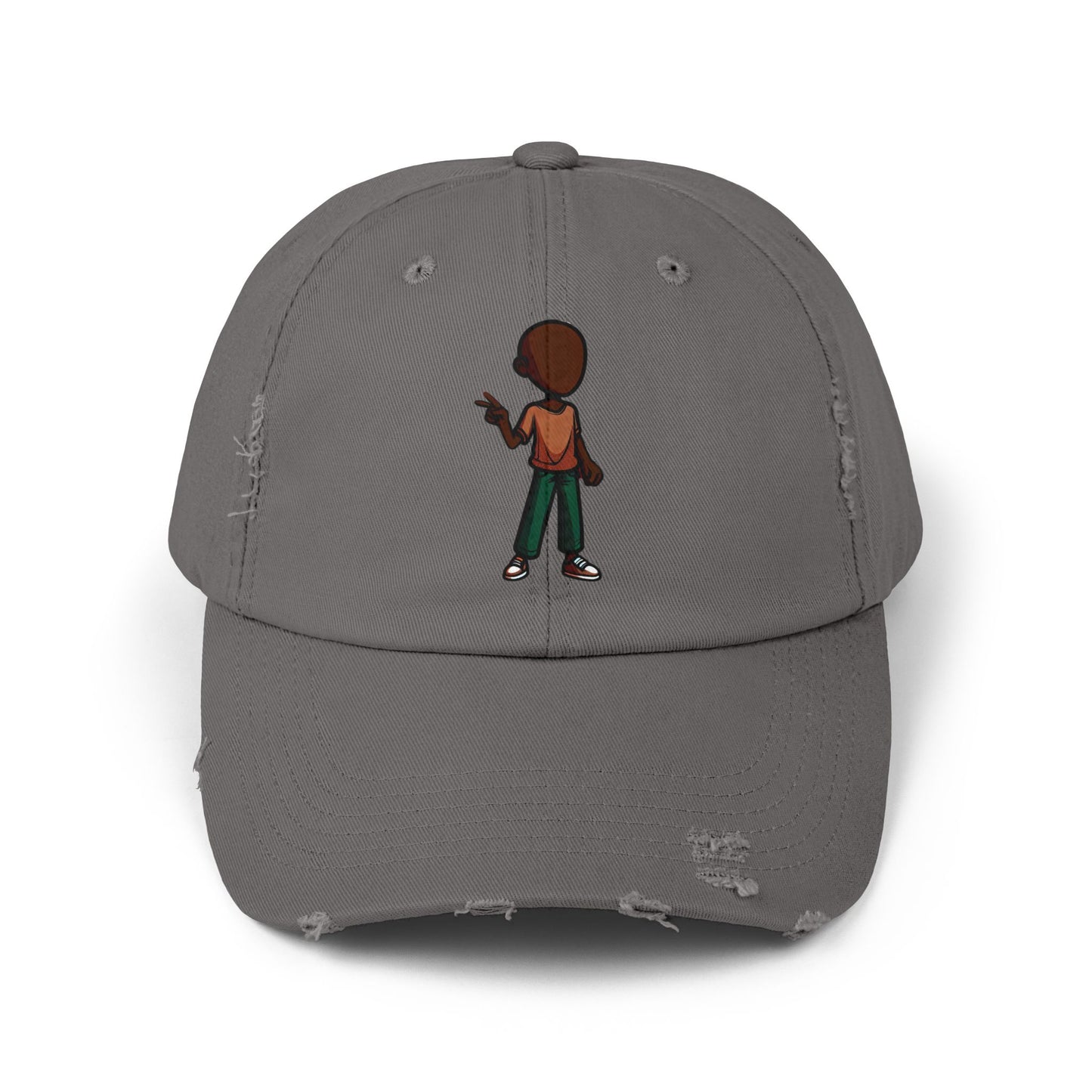 Distressed Black Dad Hat with Retro Boy Graphic — Casual Streetwear Cap