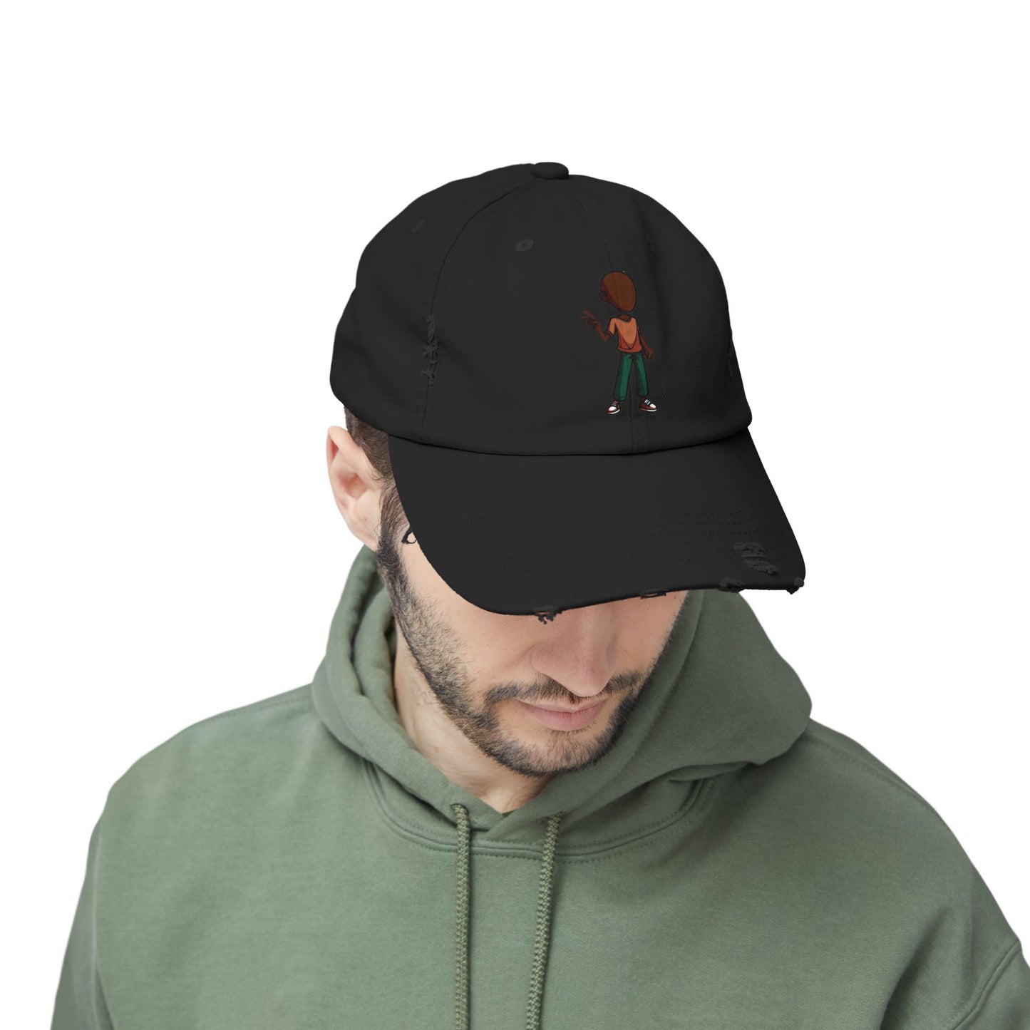 Distressed Black Dad Hat with Retro Boy Graphic — Casual Streetwear Cap