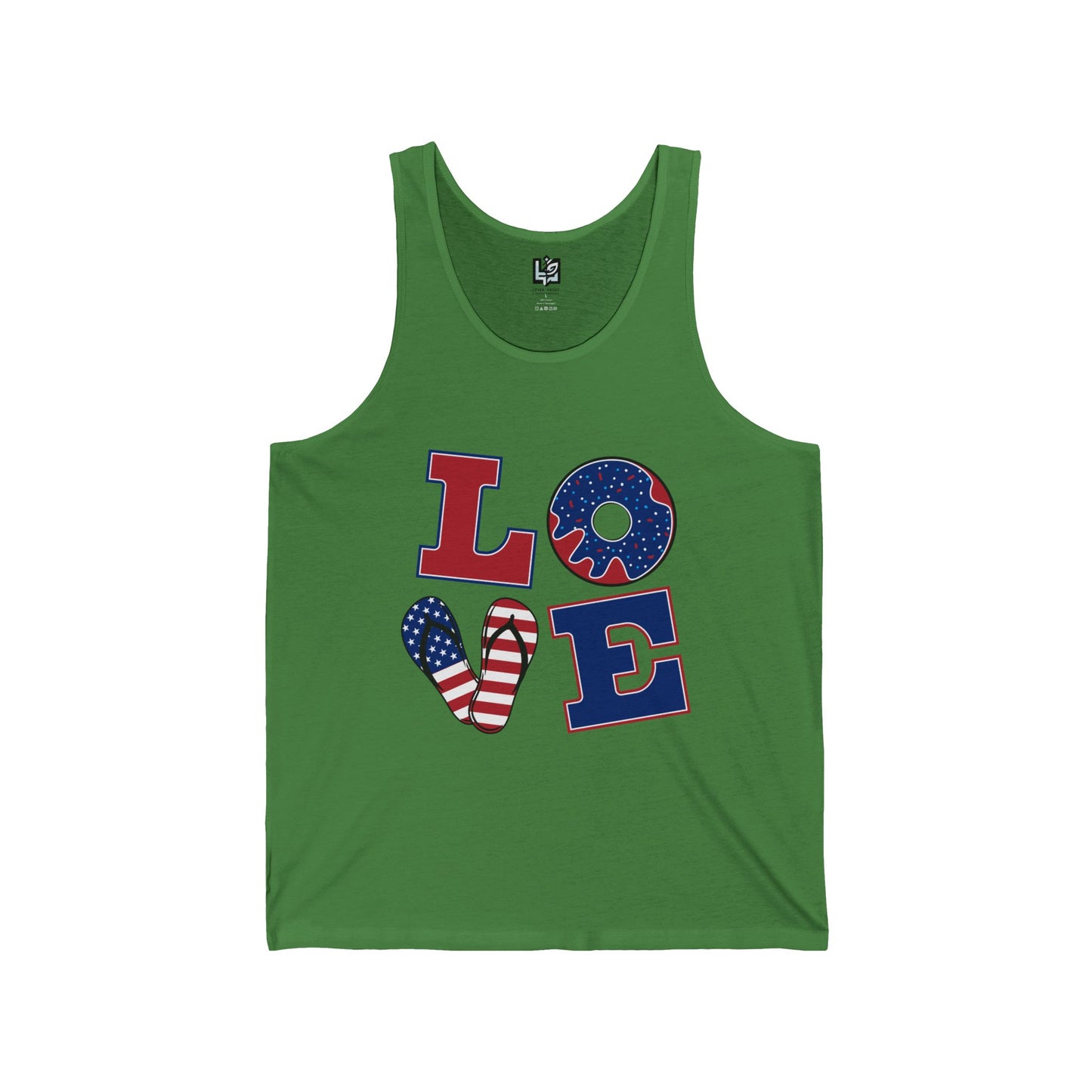 Unisex Jersey Tank - ‘LOVE’ Patriotic Design, Casual Summer Wear, 4th of July, Gifts for Him or Her, Fitness Gear, Festival Attire