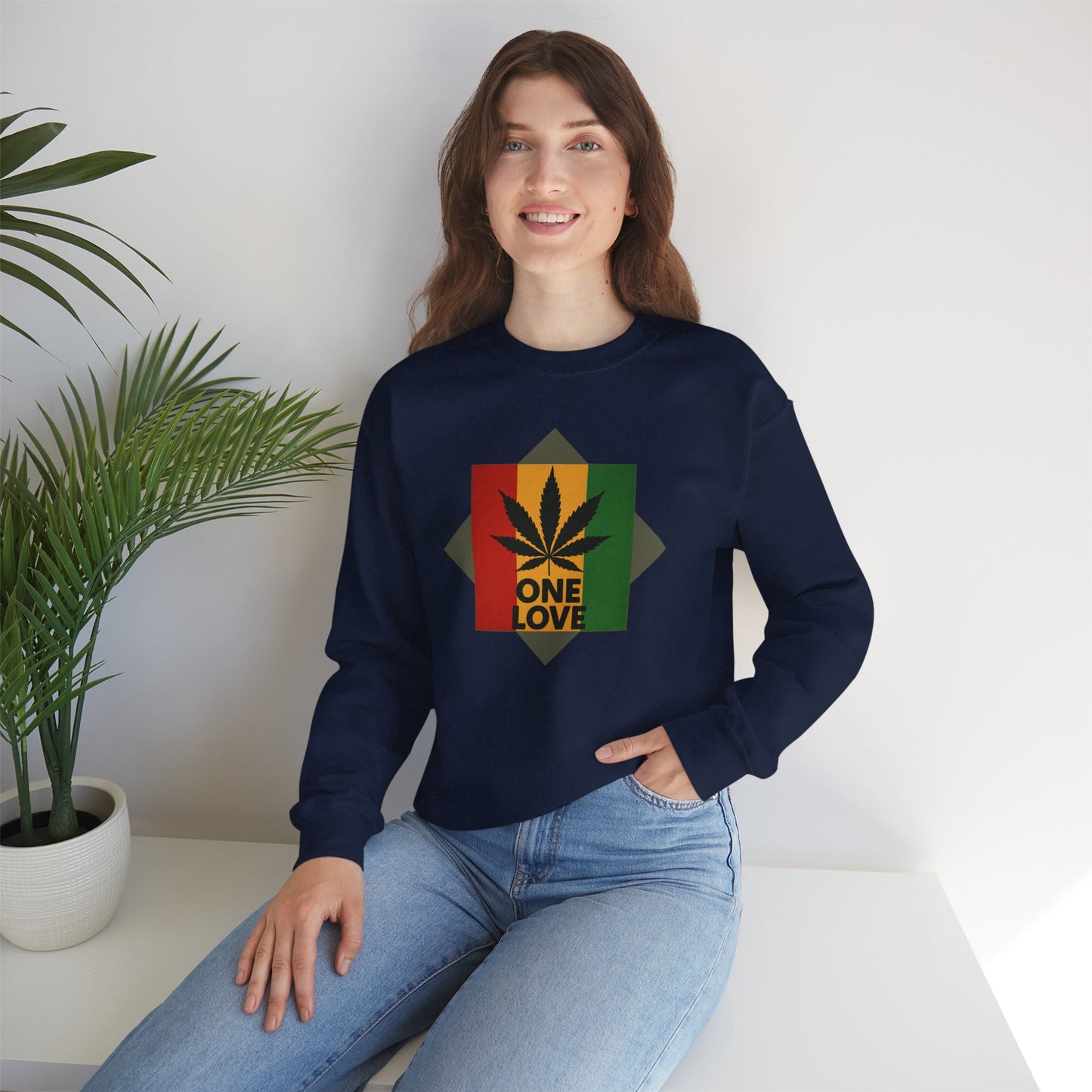 One Love Cannabis Crewneck Sweatshirt | Unisex Pullover | Cozy Streetwear, Gift for Stoners, Rasta Style Sweatshirt, Chill Vibes Apparel