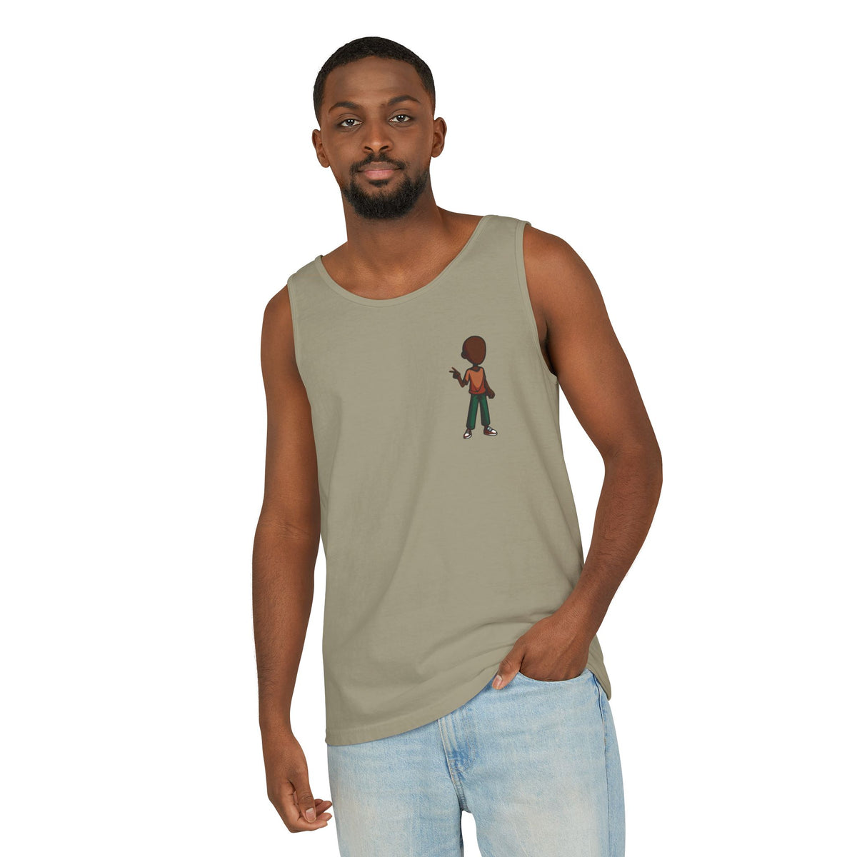 Minimalist Coffee Lover Tank — Small Cartoon Person Holding Mug Graphic Tank Top