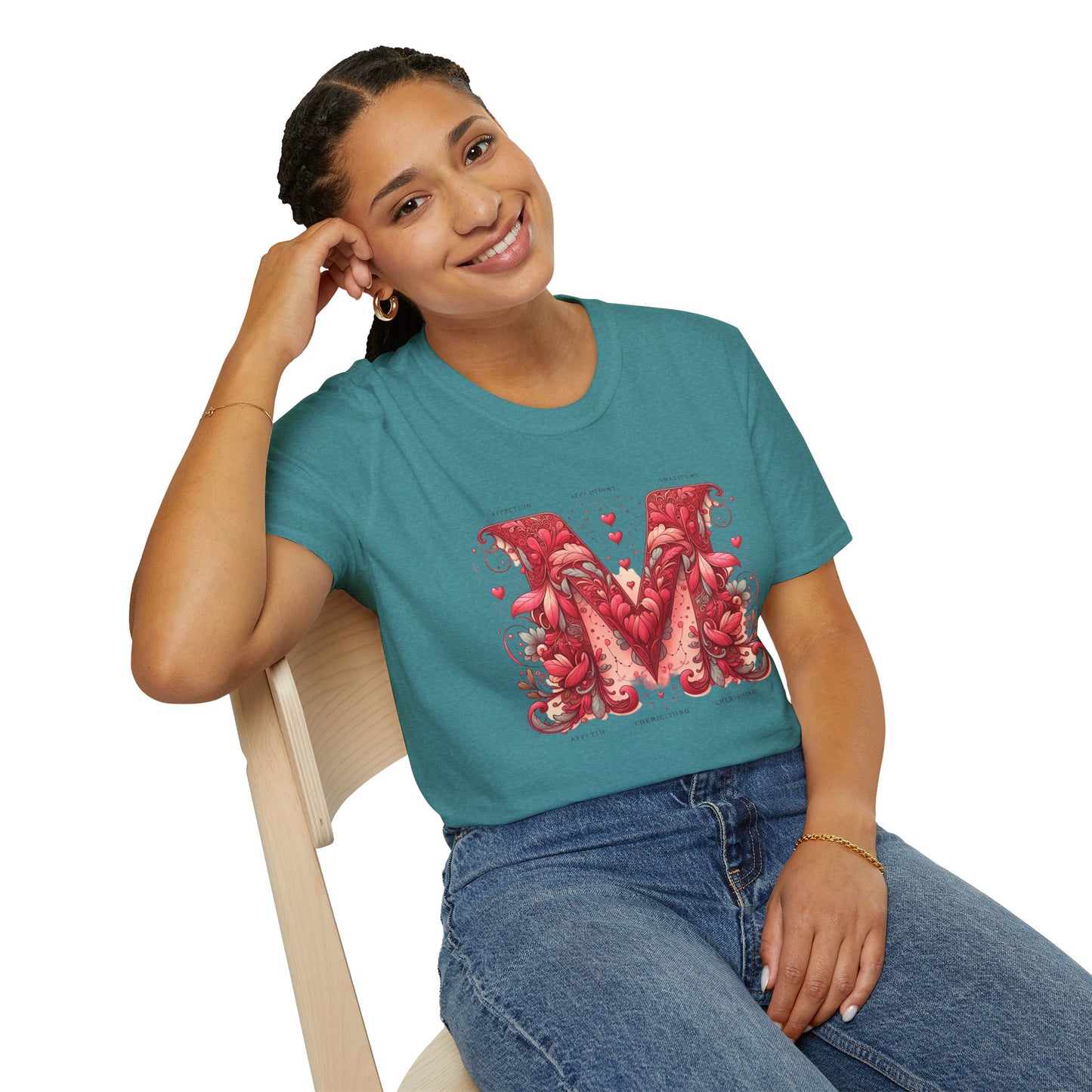 Floral Letter 'M' Unisex Softstyle T-Shirt - Perfect for Celebrations and Self-Expression
