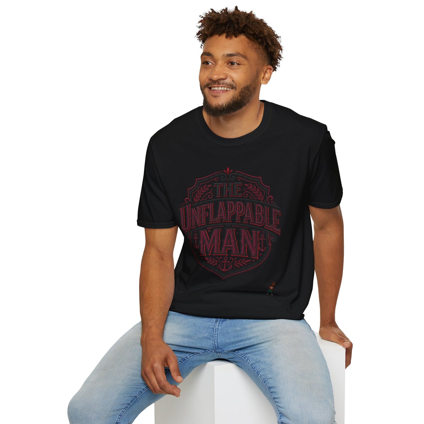 The Unflappable Man T-Shirt — Vintage Shield Graphic Tee for Confident Guys