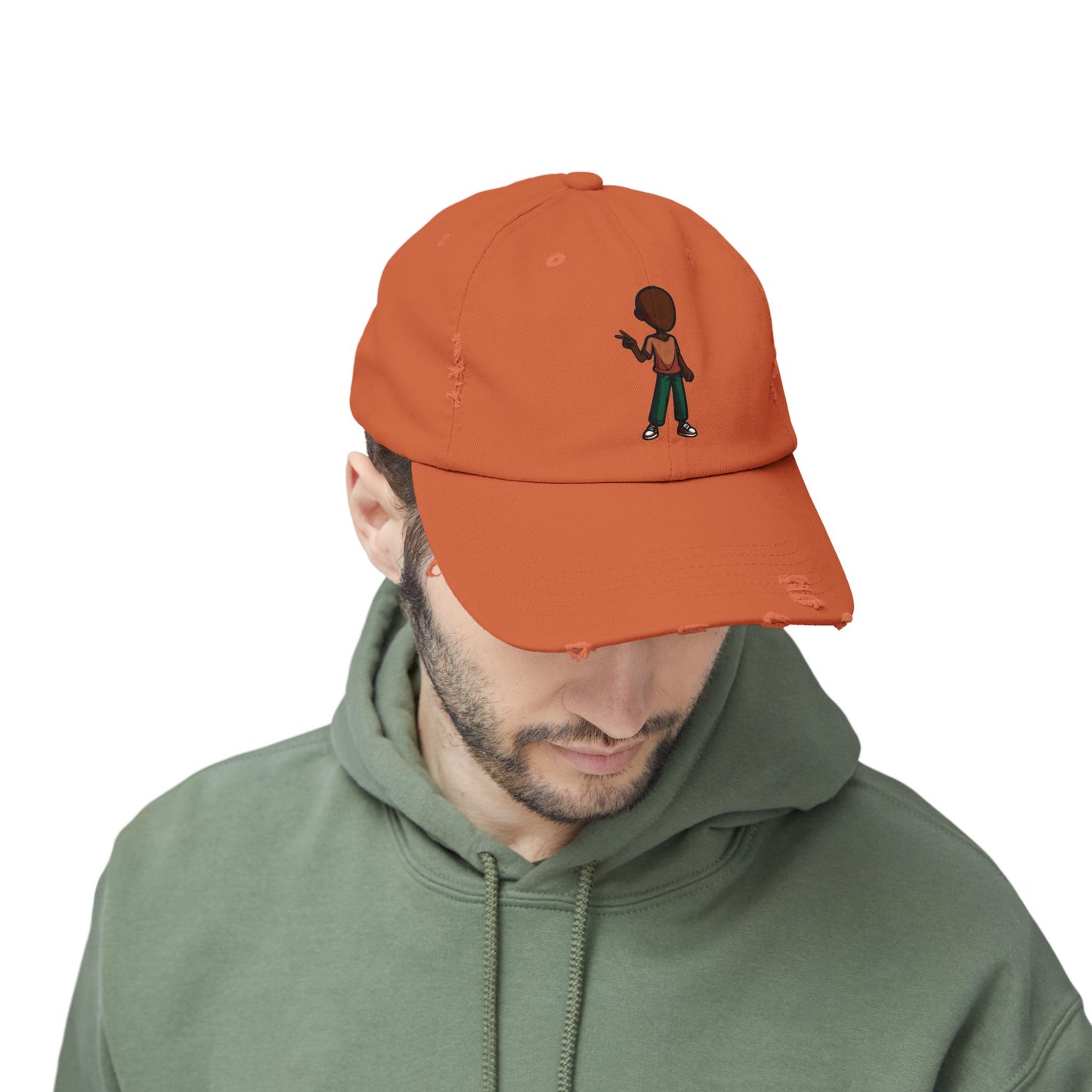 Distressed Black Dad Hat with Retro Boy Graphic — Casual Streetwear Cap