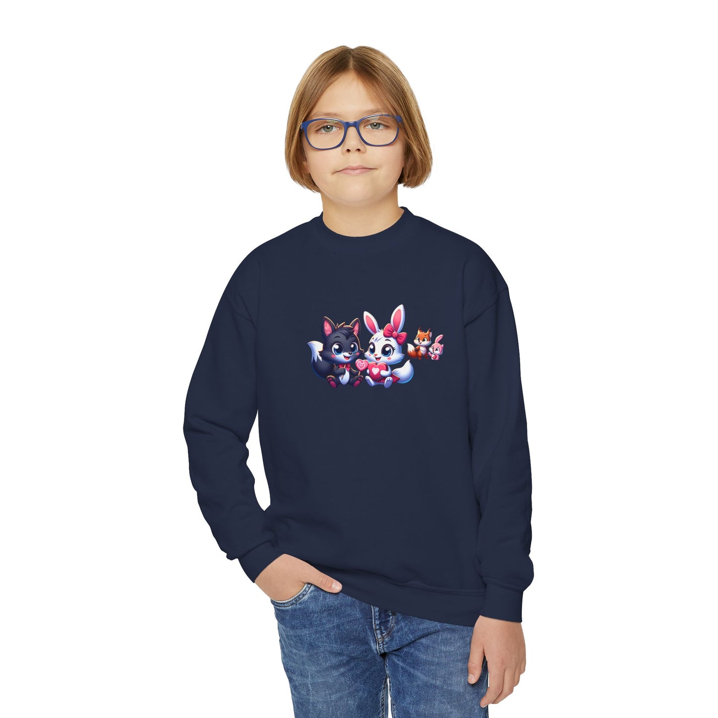 Youth Sweatshirt — Cute Cartoon Kawaii Cats & Bunny Graphic