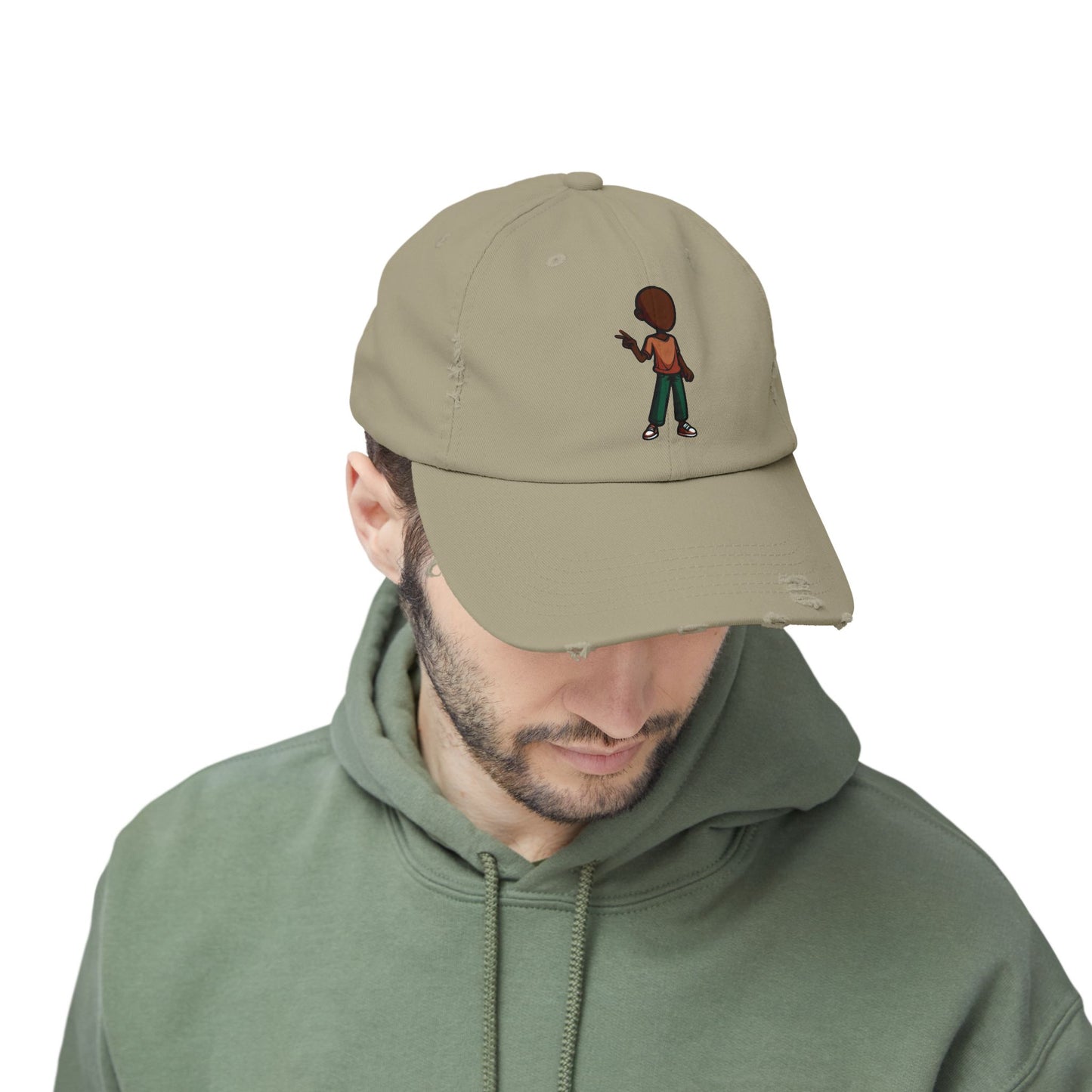 Distressed Black Dad Hat with Retro Boy Graphic — Casual Streetwear Cap