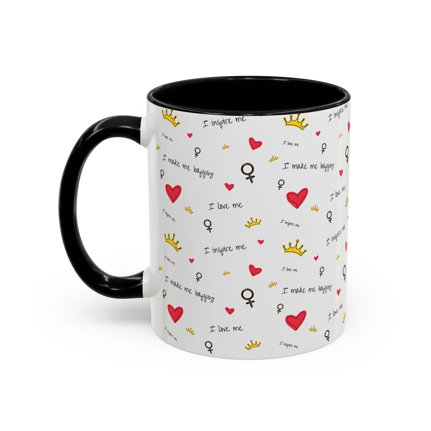 Inspirational Accent Coffee Mug - "I Love Me", Red Hearts and Crowns, Perfect Gift for Self-Care