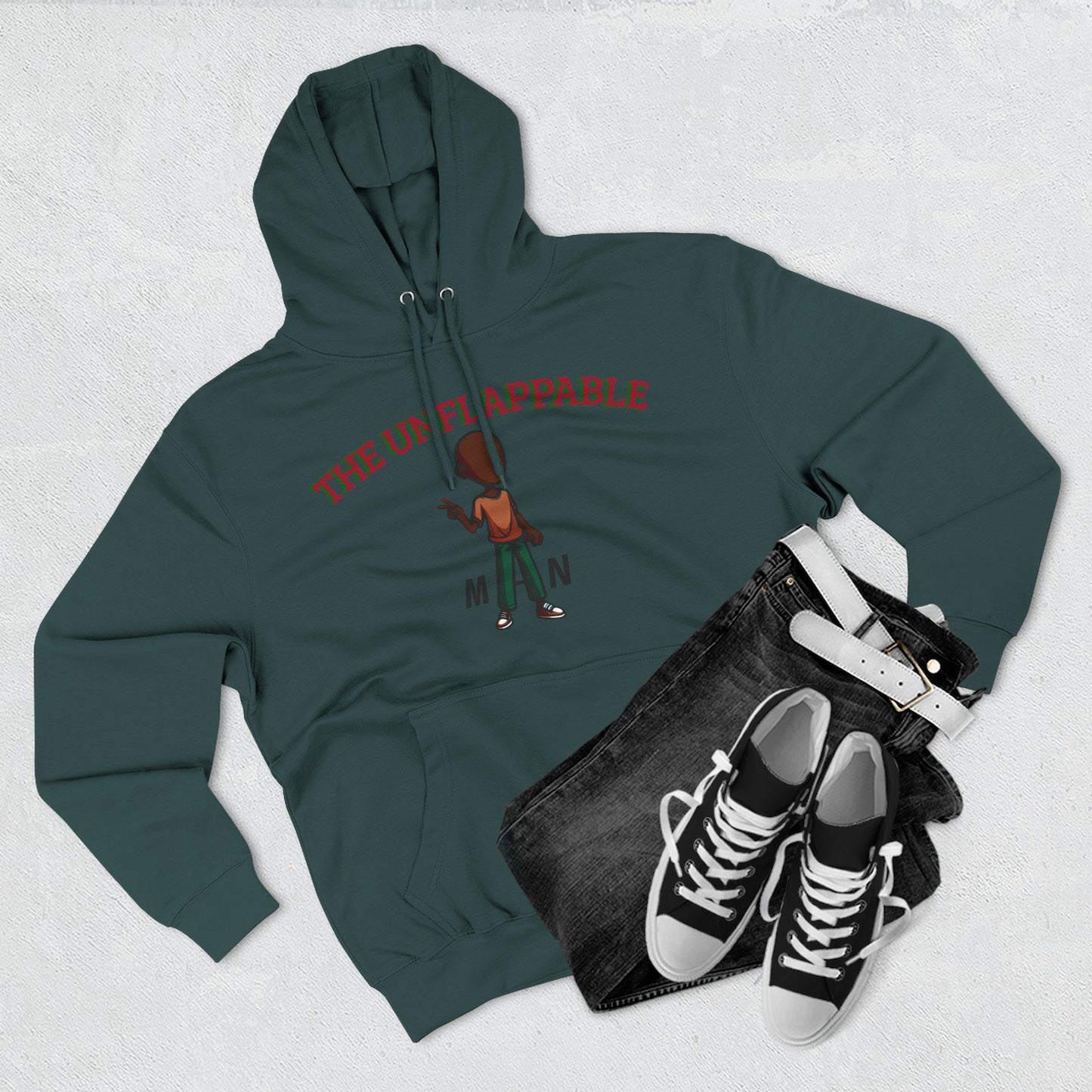 Unflappable Man Hoodie — Graphic Fleece Pullover with Cartoon Character