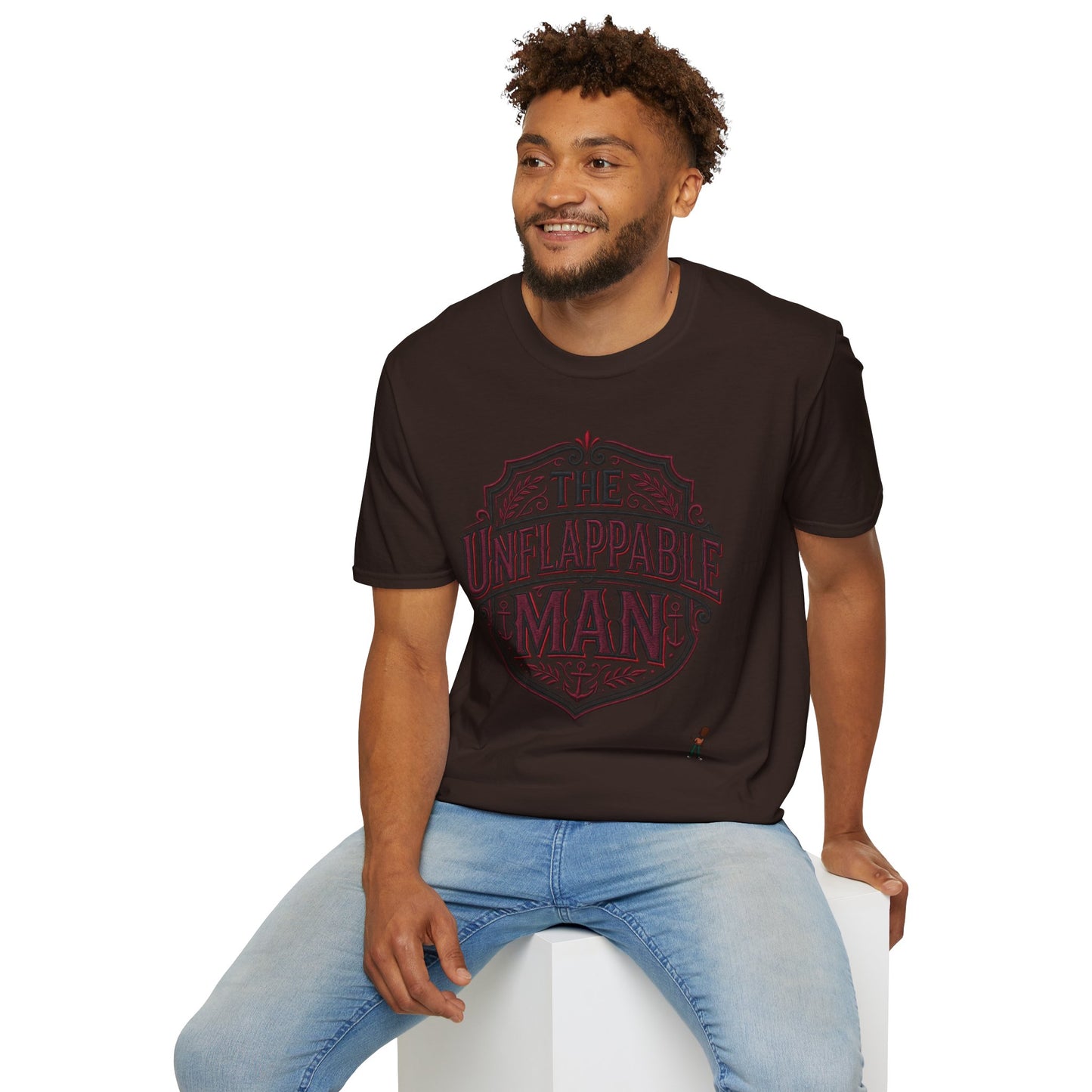 The Unflappable Man T-Shirt — Vintage Shield Graphic Tee for Confident Guys