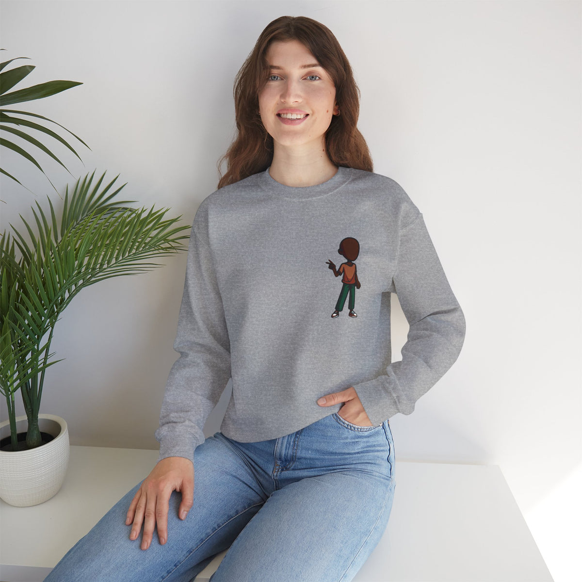 Crewneck Sweatshirt — Minimal Walking Kid Cartoon Chest Print