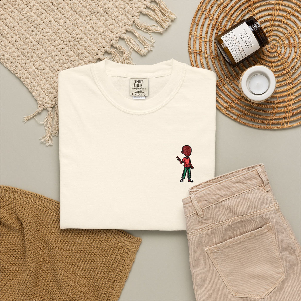 T-Shirt — Tiny Red-Haired Skateboarder Chest Graphic, Minimal Streetwear Tee