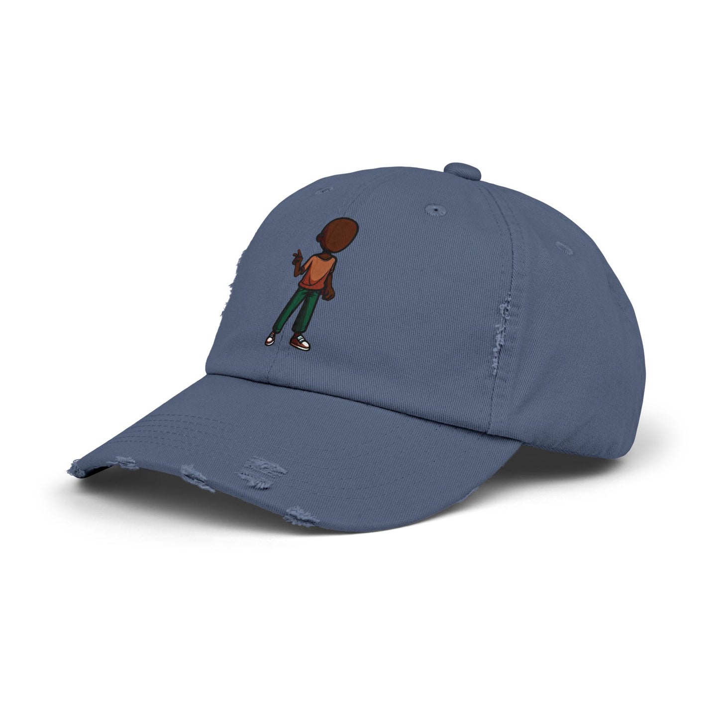 Distressed Black Dad Hat with Retro Boy Graphic — Casual Streetwear Cap