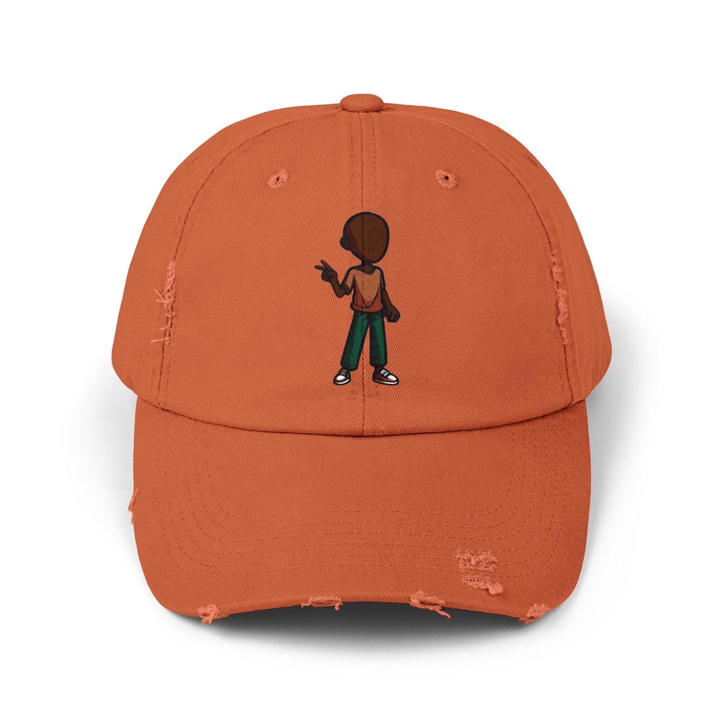 Distressed Black Dad Hat with Retro Boy Graphic — Casual Streetwear Cap