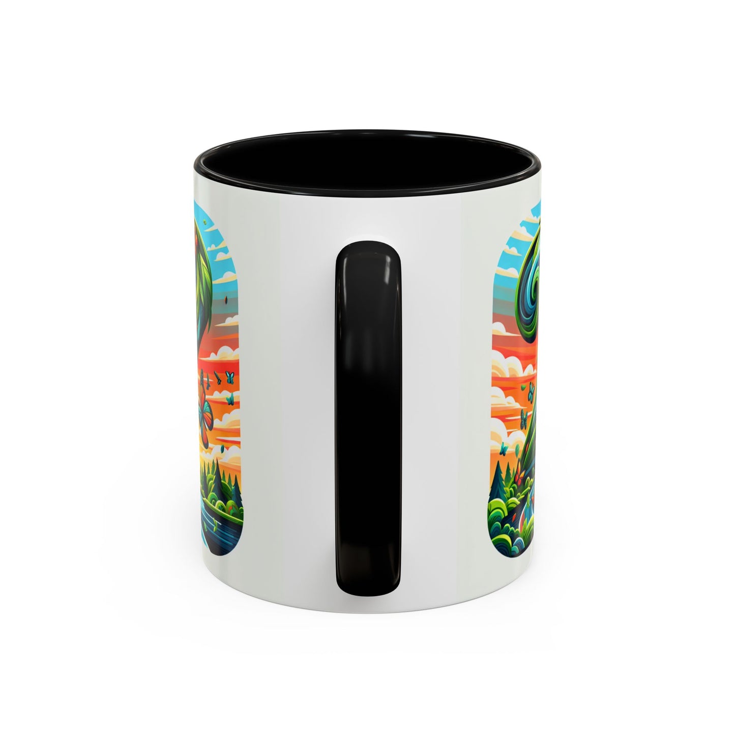 Nature-Inspired Accent Coffee Mug - Vibrant Green Design with Butterflies and Scenic View